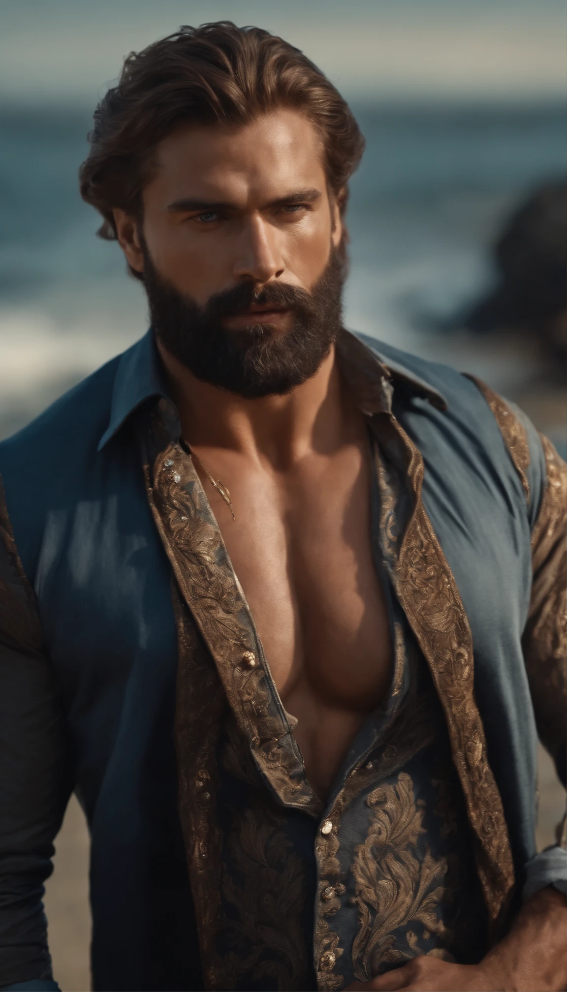 (the best quality,8k,Realstic),bel homme,Barbe abondante,macho,yeux bleus,cheveux bruns,bons muscles,corps entier,sur la chemise