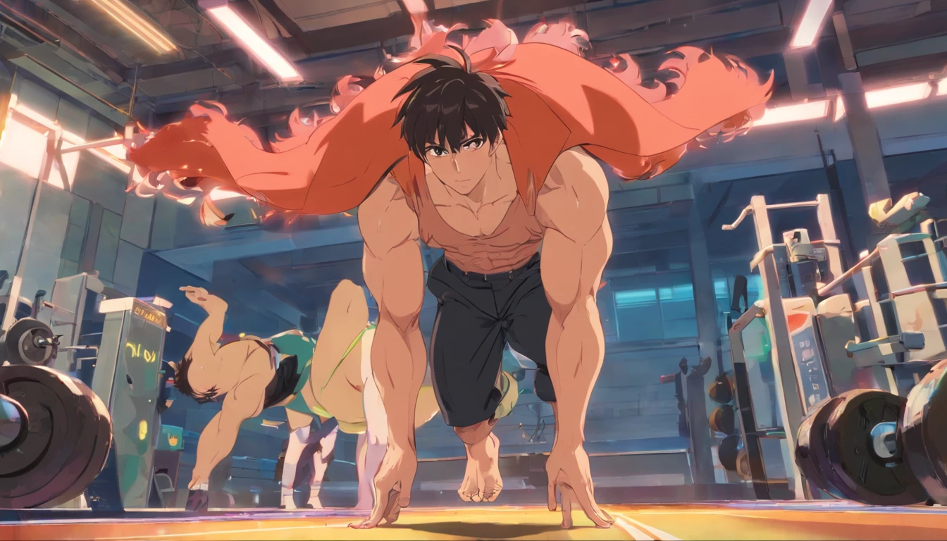 ((((Yuijiro Hanma))), Masculino, cabelos vermelhos, black pant, demon back, costas extremamente musculosas e definidas, foco em suas costas, in a bodybuilding gym, anime, Baba,