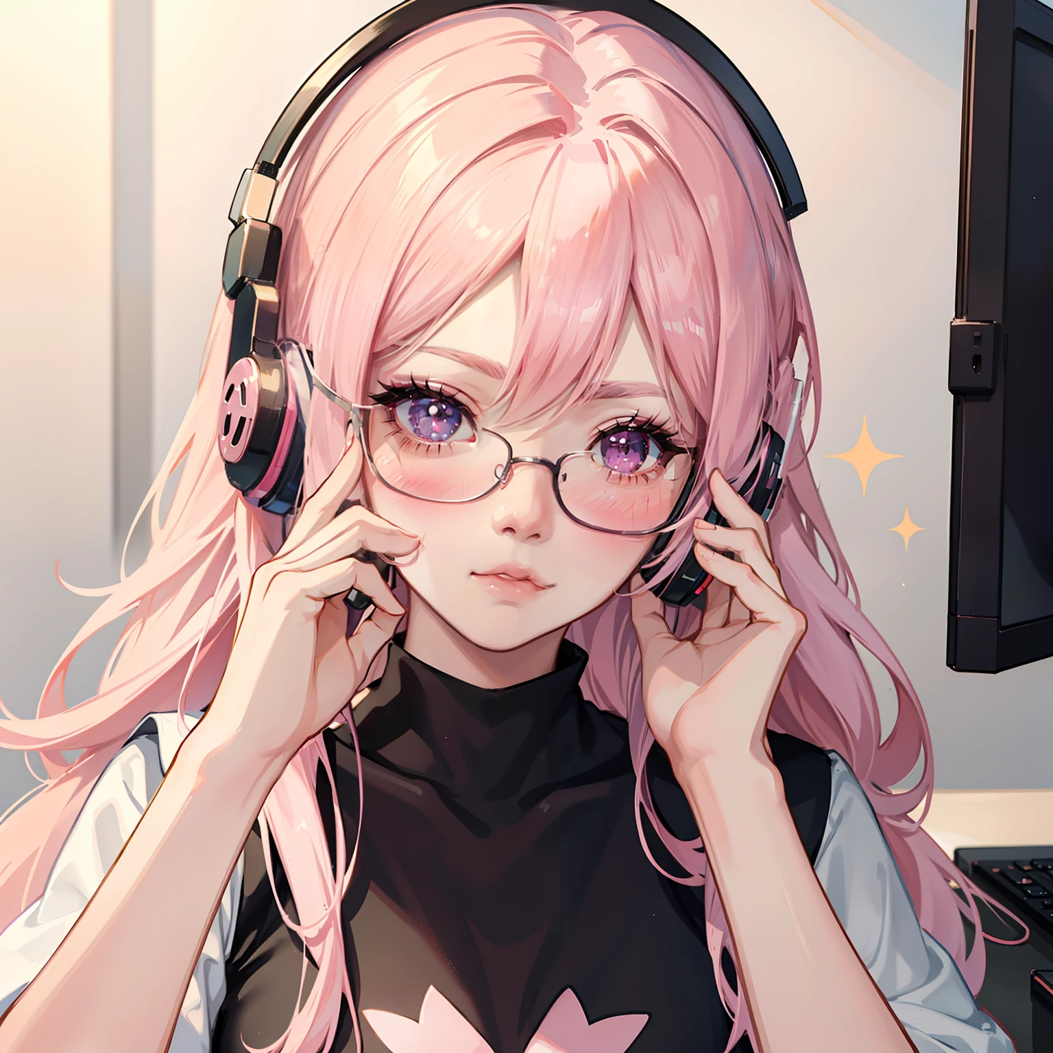 anime girl with pink hair, Aegyo-sal, eyebags, wearing glasses, makeup, blush, blush nose, glitter makeup on eyes, perfect anime face, semi - realistic anime, detailed anime soft face, wearing gaming headphones, full lips,