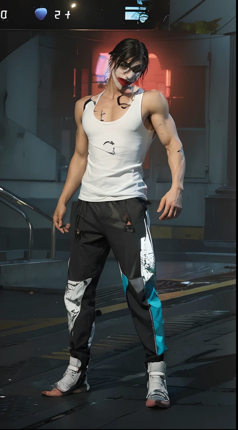 (Joker), clothing),colors, is imposing in a lost Gothic city. Moonlight highlights your (muscles and scars). The scenery is lush and mysterious, with futuristic technology and surroundings.