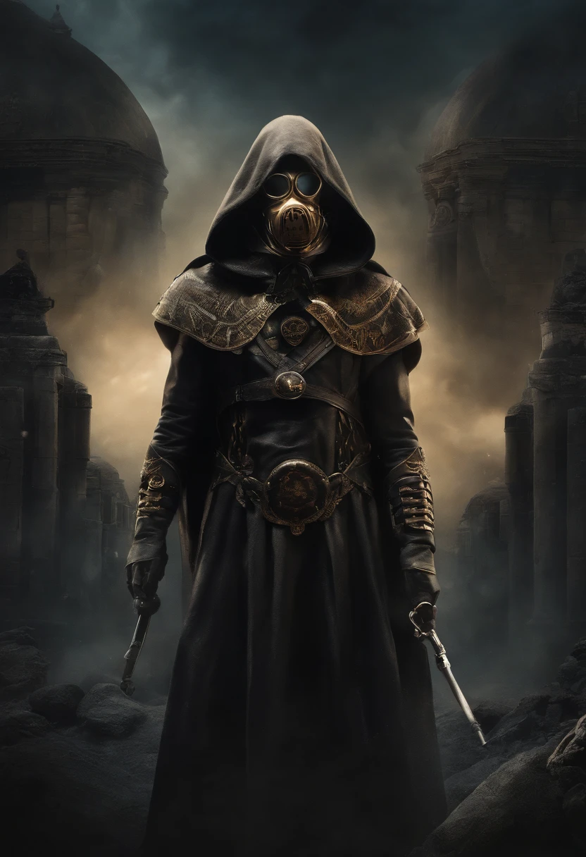 An evil alien, vindo das profundezas do universo desconhecido, emerges as a devastating threat. Its appearance is grotesque and sinister, shrouded in mystery and darkness. With a skeletal body, pale skin and bright eyes, it carries with it evil at its core. But, What catches the eye the most is his gas mask, adorned with radioactive symbols that glow in ominous hues. The mask covers your face, ocultando sua verdadeira forma e intensificando a aura de perigo que o cerca. Its armor is powerful and metallic .The rarefied and toxic air coming out of the mask causes everything around it to wither and perish. Set in an ancient city of some South American civilization and with pyramids in the background