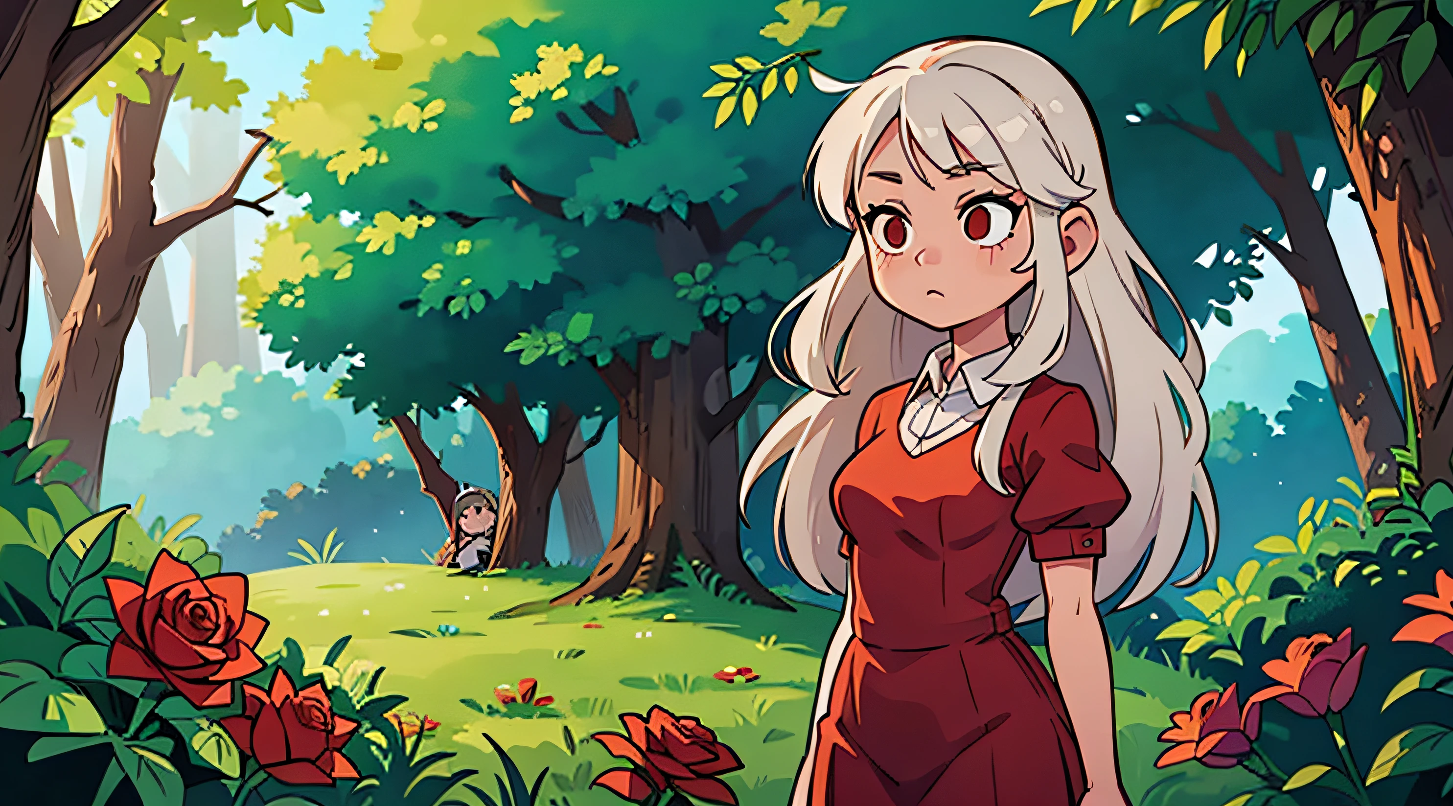 Girl with brown hair and girl with white hair in the forest. red roses. astonishment