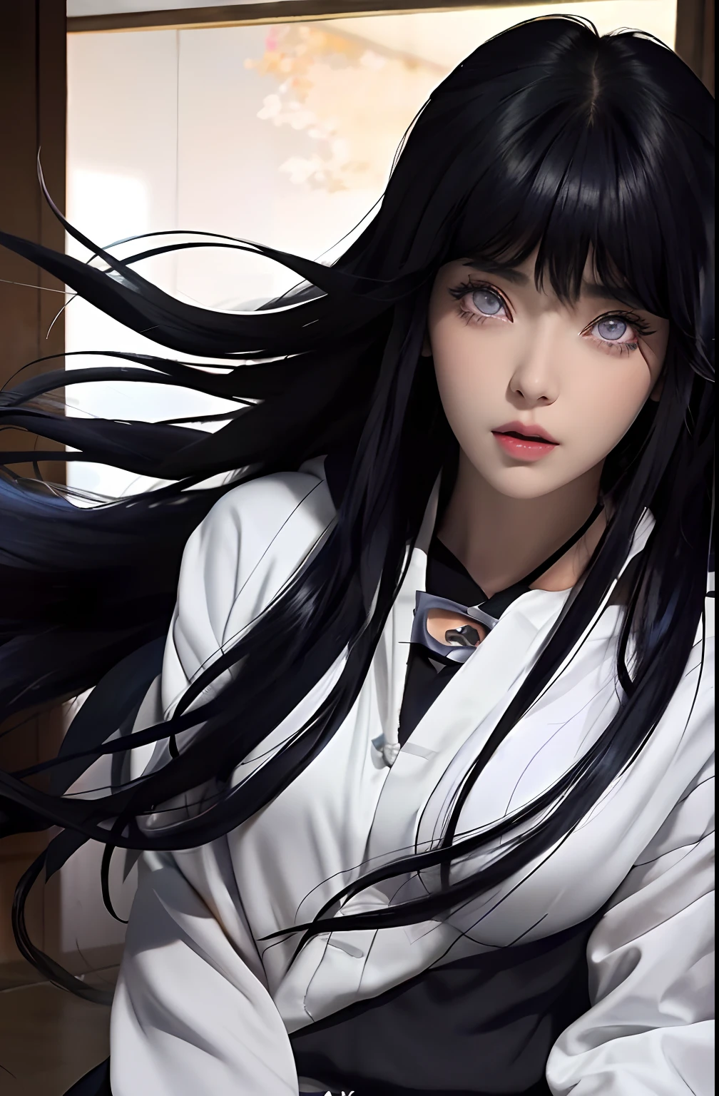 a close up of a person with long hair and a hoodie, hinata hyuga, hinata hyuga from naruto, from naruto, as an anime character, perfect anime face, she has dark blue hair with bangs, female anime character, anime character, anime best girl, hime cut hairstyle, dark blue hair, (red glossy lips:1.3), light purple eyes, big breasts, realistic, ultra detail, indoor background