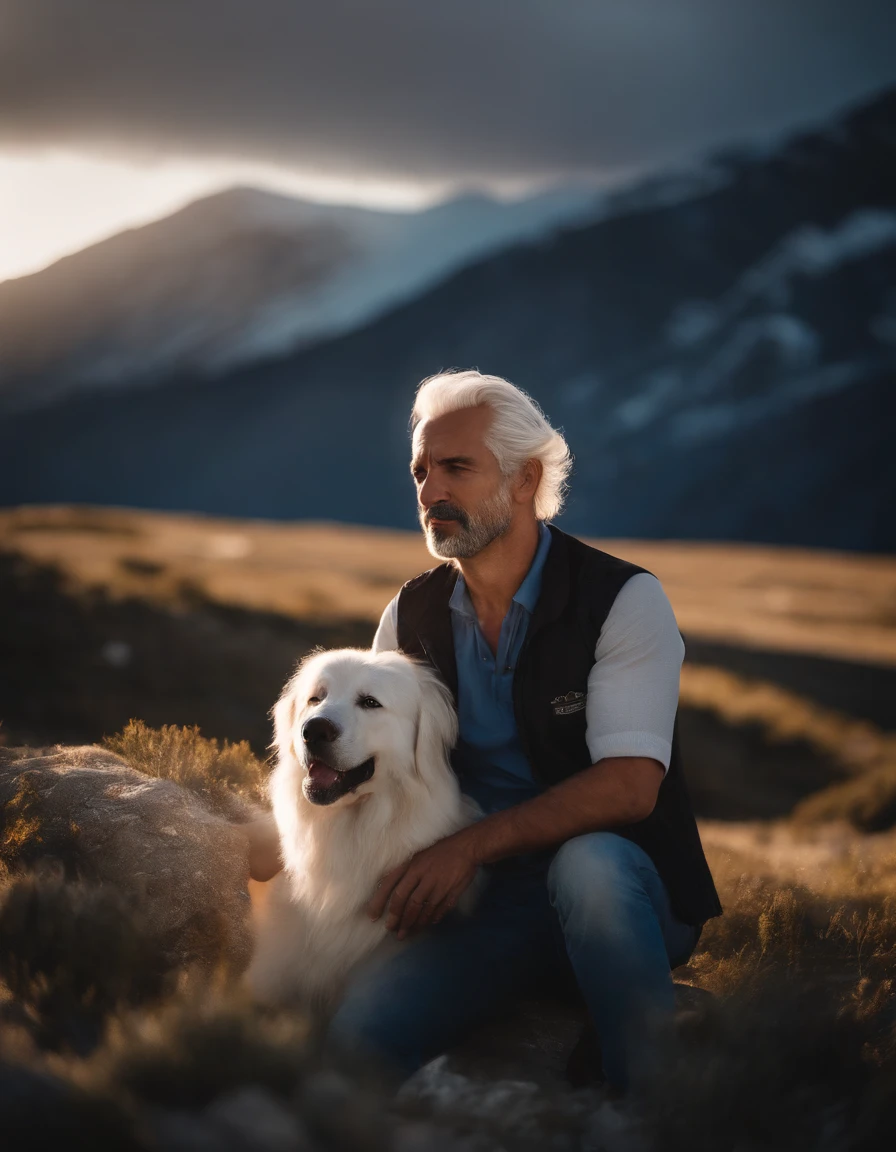long shot of a Varied Relaxing Albanian Male Veterinarian, White hair styled as Shaggy, background is Glacier, at Sunset, soft focus, Light, soft light, F/8, Beige and Navy Blue splash, Swirling, extremely hyper aesthetic with my face