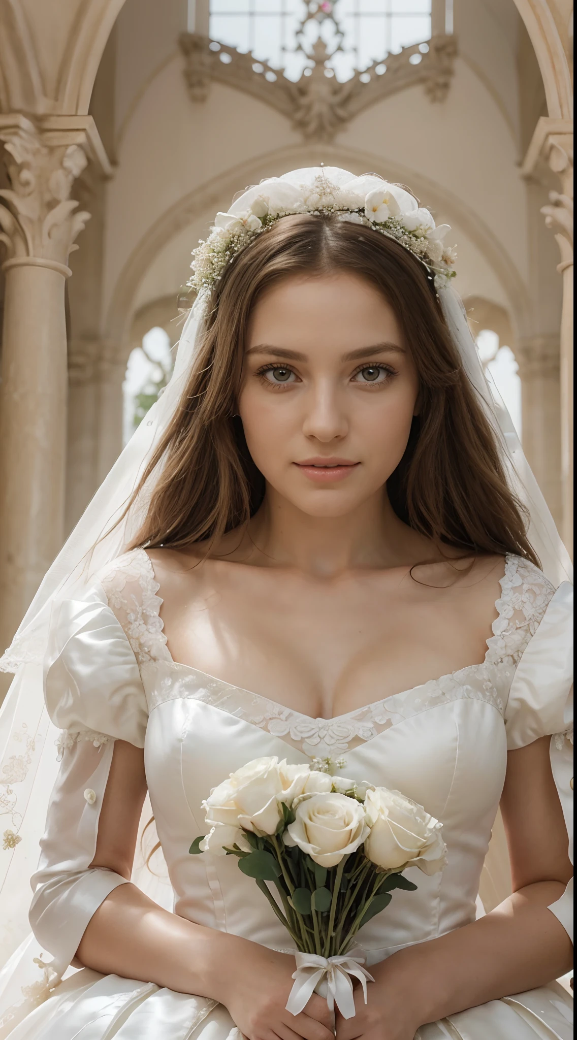 Hyper realistic illustration of a bride in a wedding dress. La robe est blanche avec des dentelles. Elle a une couronne sur la tete et un bouquet de fleurs dans les mains. On voit fans ses yeux la passion pour son mari. Le decors est un chateau grandiose. Effet de profondeur. hyper realistic. photo realist
