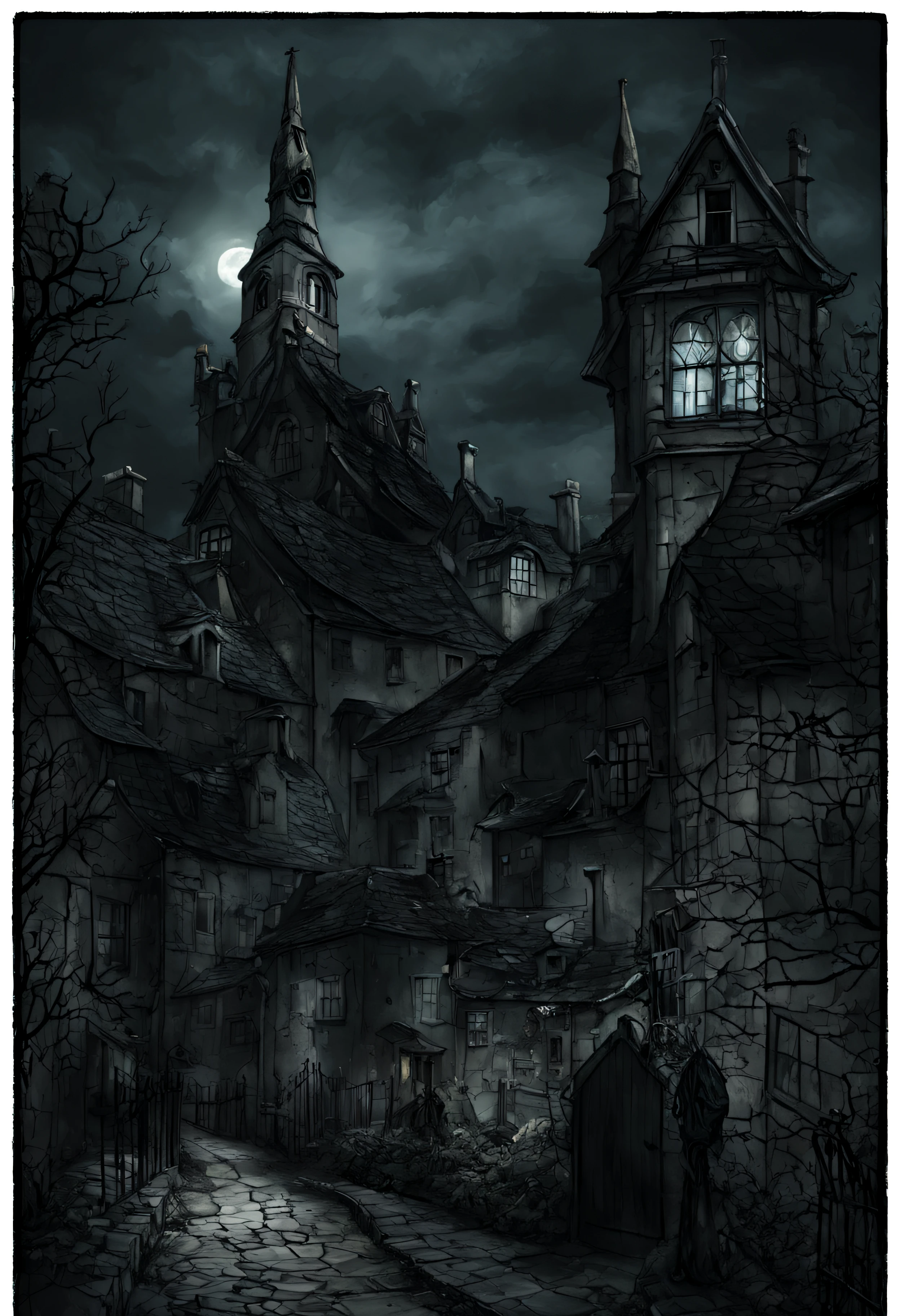 A unnerving night scene depicting a haunted English village draped in mystery and fear. Winding lanes, dilapidated thatched cottages, an eerie graveyard and a looming bell tower. Influenced by the creepiness of Junji Ito’s work, H.P Lovecraft universe, and Edgar Allan Poe's dark romanticism. Starting point for high-quality, horror-themed video game graphics, detailed, photorealistic, with a focus on ominous shadow and chilly blue light. Deserves a place in ArtStation's trending chart.