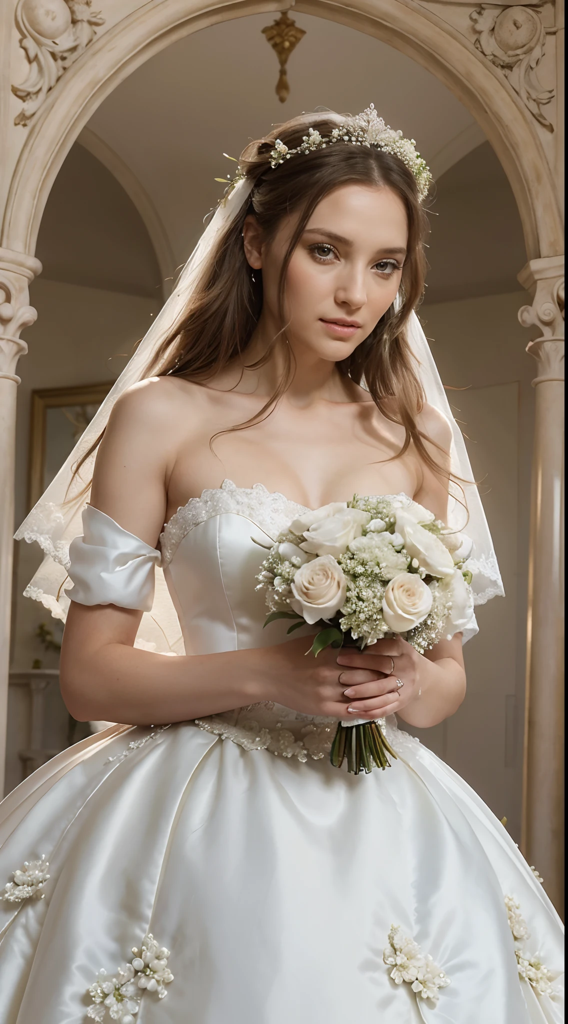 Hyper realistic illustration of a bride in a wedding dress. La robe est blanche avec des dentelles. Elle a une couronne sur la tete et un bouquet de fleurs dans les mains. On voit fans ses yeux la passion pour son mari. Le decors est un chateau grandiose. Effet de profondeur. hyper realistic. photo realist