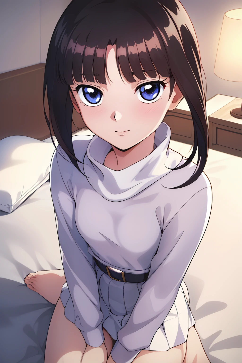 Sitting in bed, 
Shy laughter,red blush,
White turtleneck, White shirt,White long skirt,White belt,
Hair Ornament, hair scrunchie,Low ponytail, 
Long hair,Bangs, Black hair, Blunt bangs,Big blue eyes,
1 Girls with small breasts, flat chest, Petite,infp young woman,Beautiful Finger,Beautiful long legs,Beautiful body,Beautiful nose,Beautiful character design, Perfect eyes, Perfect face,Expressive eyes,bare-legged,ankle,
Looking at Viewer, In the center of the image,(The upper part of the body_Body), (Innocent_Big_Eyes:1.0),(light_Smile:0.3),
Official art,Highly detailed CG Unity 8k wallpaper, Perfect Lighting,Colorful, Bright_front_Face_Lighting,
(masutepiece:1.0),(best_quality:1.0), 超A high resolution,4K,Ultra-detailed,
Photography, 8K, nffsw, hight resolution, absurderes:1.2, Kodak Portra 400, Film grain, Lens Flare, (Vibrant_Color:1.2)
(Beautiful,breasts:1.4), (Beautiful_Face:1.5),(narrow_waist),