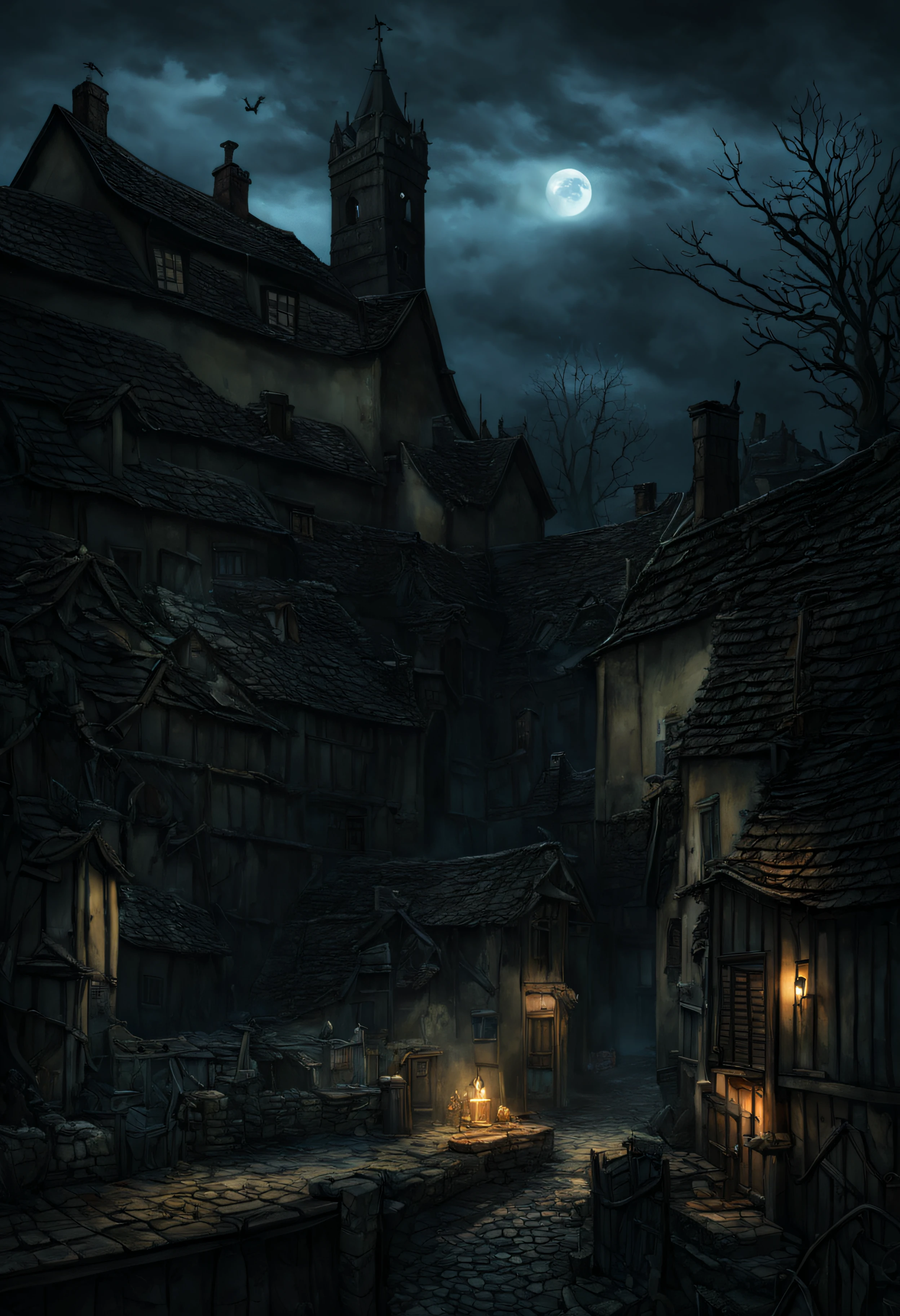 A unnerving night scene depicting a haunted English village draped in mystery and fear. Winding lanes, dilapidated thatched cottages, an eerie graveyard and a looming bell tower. Influenced by the creepiness of Junji Ito’s work, H.P Lovecraft universe, and Edgar Allan Poe's dark romanticism. Starting point for high-quality, horror-themed video game graphics, detailed, photorealistic, with a focus on ominous shadow and chilly blue light. Deserves a place in ArtStation's trending chart.