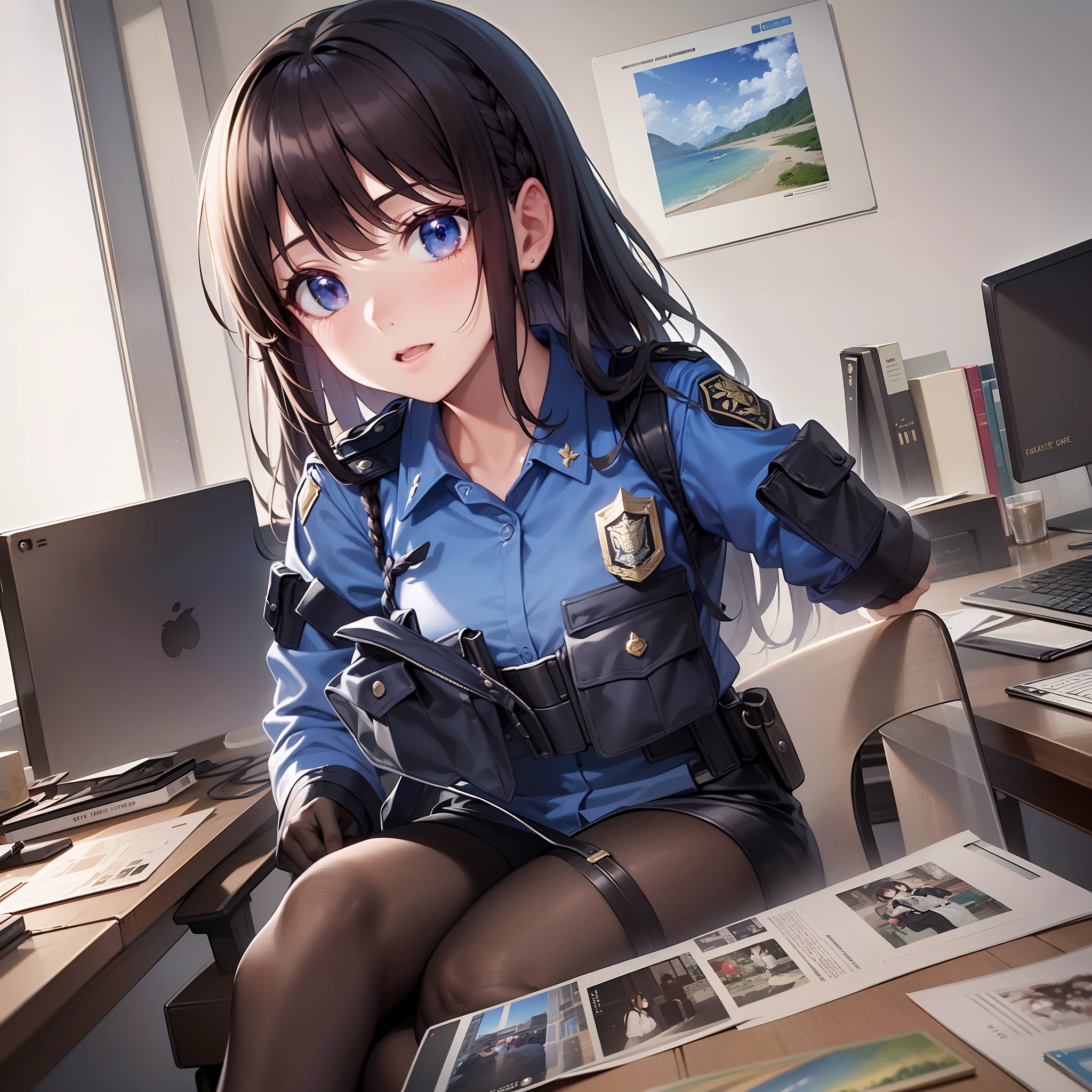 ((Finest quality)),(超A high resolution),(ultra-detailliert),((Best Anime)),sharpnes,vivid:1.1,The Art of Phenomenal Depictions, (1 female police officer),(A dark-haired,Long braided hair), Sitting in an office chair looking at materials