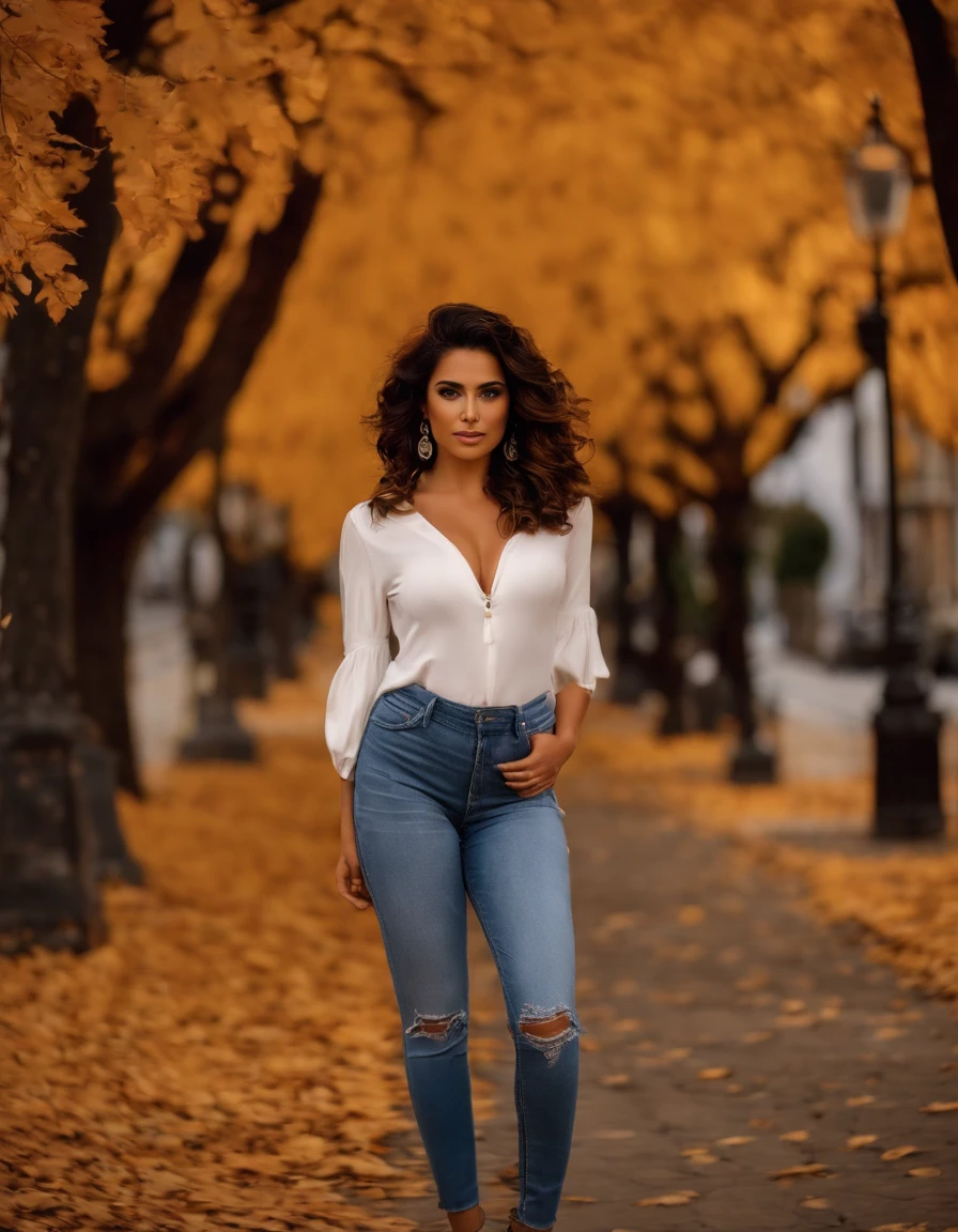 Autumn Full Body Photography, La impresionante influencer morena. She should appear in her mid-20s with, Wavy brown hair that falls gracefully over her shoulders. She has an athletic hourglass figure accented by her full bust... Su tez debe ser impecable, with a warm, bronceado besado por el sol. Expressive brown eyes of autumn should radiate charisma, y ella debe tener un comportamiento relajado y seguro. Autumn wears a tight-fitting low-cut white T-shirt and blue low-rise jeans that are snug at the hips. She's standing on a sidewalk in a suburban neighborhood. mirada y maquillaje intensos, eyes symmetrical, face symmetrical, fotorrealista, Cinematographer, Seguimiento de rutas, specular lighting, Volumetric light for the face, Camino trazado del cabello, Sombras visibles, intrincado, elaborar, hiperrealista