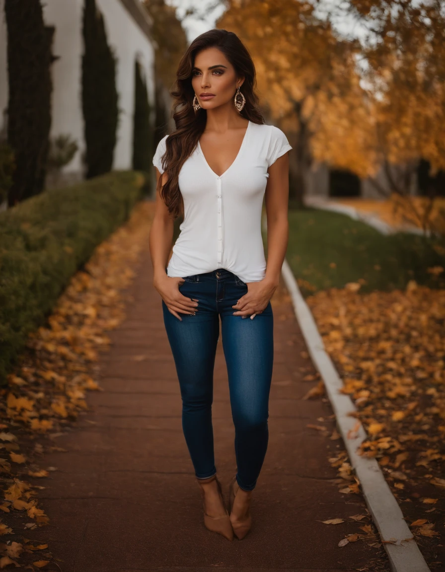 Autumn Full Body Photography, La impresionante influencer morena. She should appear in her mid-20s with, Wavy brown hair that falls gracefully over her shoulders. She has an athletic hourglass figure accented by her full bust... Su tez debe ser impecable, with a warm, bronceado besado por el sol. Expressive brown eyes of autumn should radiate charisma, y ella debe tener un comportamiento relajado y seguro. Autumn wears a tight-fitting low-cut white T-shirt and blue low-rise jeans that are snug at the hips. She's standing on a sidewalk in a suburban neighborhood. mirada y maquillaje intensos, eyes symmetrical, face symmetrical, fotorrealista, Cinematographer, Seguimiento de rutas, specular lighting, Volumetric light for the face, Camino trazado del cabello, Sombras visibles, intrincado, elaborar, hiperrealista