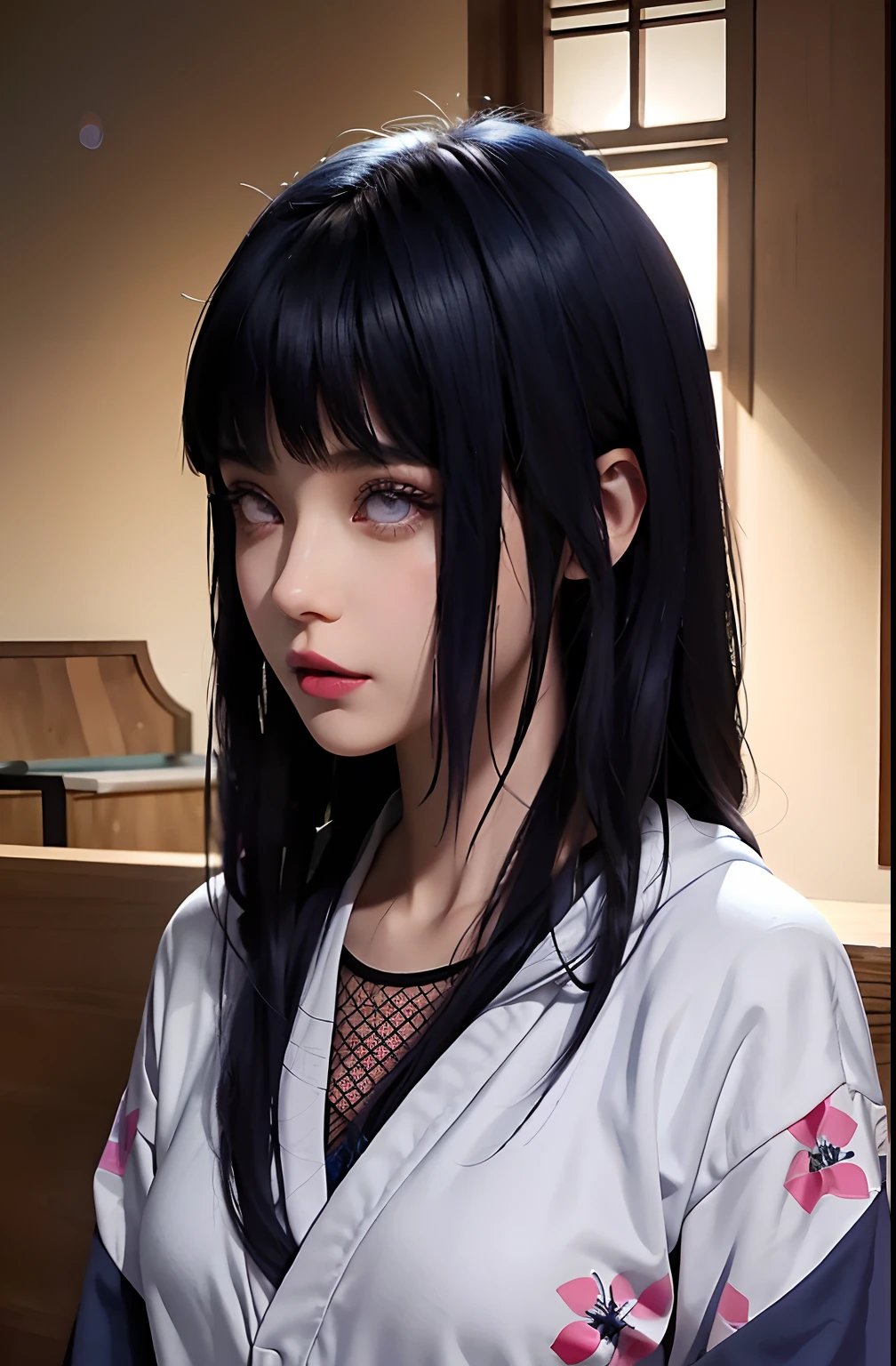 a close up of a person with long hair and a hoodie, hinata hyuga, hinata hyuga from naruto, from naruto, as an anime character, perfect anime face, she has dark blue hair with bangs, female anime character, anime character, anime best girl, hime cut hairstyle, dark blue hair, (red glossy lips:1.3), light purple eyes, big breasts, realistic, ultra detail, indoor background