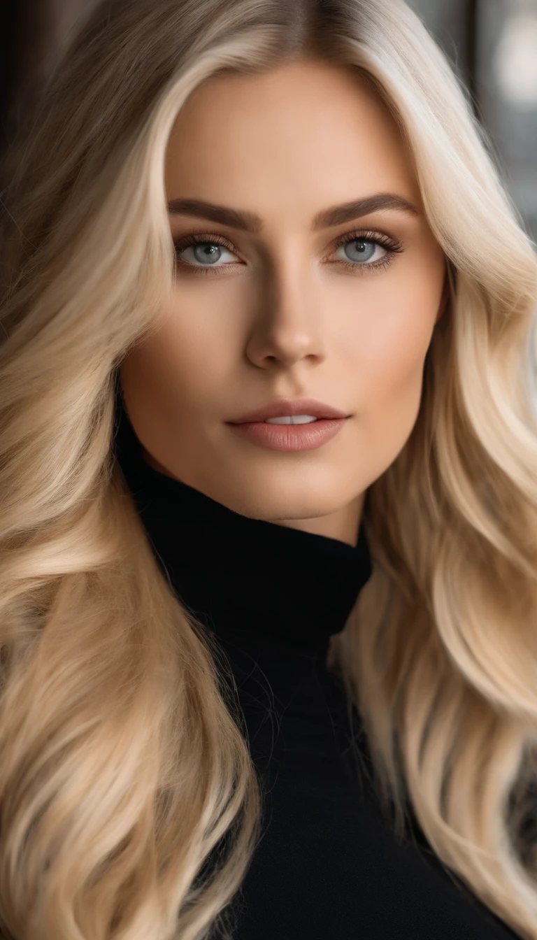 blond woman with long hair and black turtle neck top posing for a picture, beautiful blonde girl, soft portrait shot 8 k, a girl with blonde hair, blonde girl, photo of a beautiful woman, high quality portrait, beautiful girl model, beautiful model girl, beautiful blonde hair, beautiful young girl, beautiful portrait photo, sleek blond hair, long blonde hair and large eyes