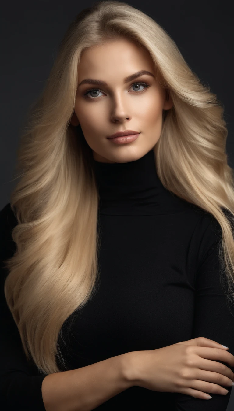 blond woman with long hair and black turtle neck top posing for a picture, beautiful blonde girl, soft portrait shot 8 k, a girl with blonde hair, blonde girl, photo of a beautiful woman, high quality portrait, beautiful girl model, beautiful model girl, beautiful blonde hair, beautiful young girl, beautiful portrait photo, sleek blond hair, long blonde hair and large eyes