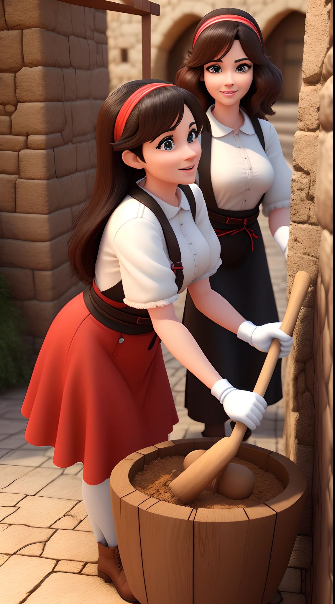 Two women doing manual labor in Bethlehem formed from disney 3d cartoon