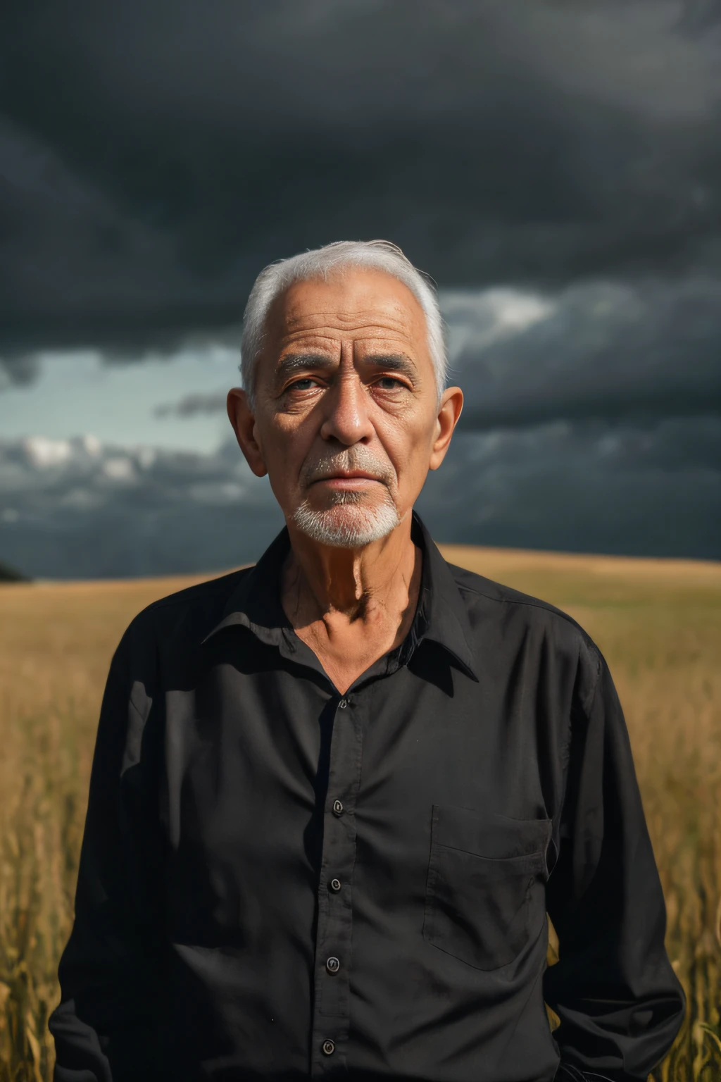 Man in black shirt standing in a field, foto do retrato de um homem velho, foto de um homem, retrato do homem velho, Retrato de um velho, Retrato de um homem velho, Retrato de um velho, Sergey Zabelin, cinematic portrayal, uma foto de um homem, dramatic portraiture of namenlos, dramatic portrait, um homem de 80 anos