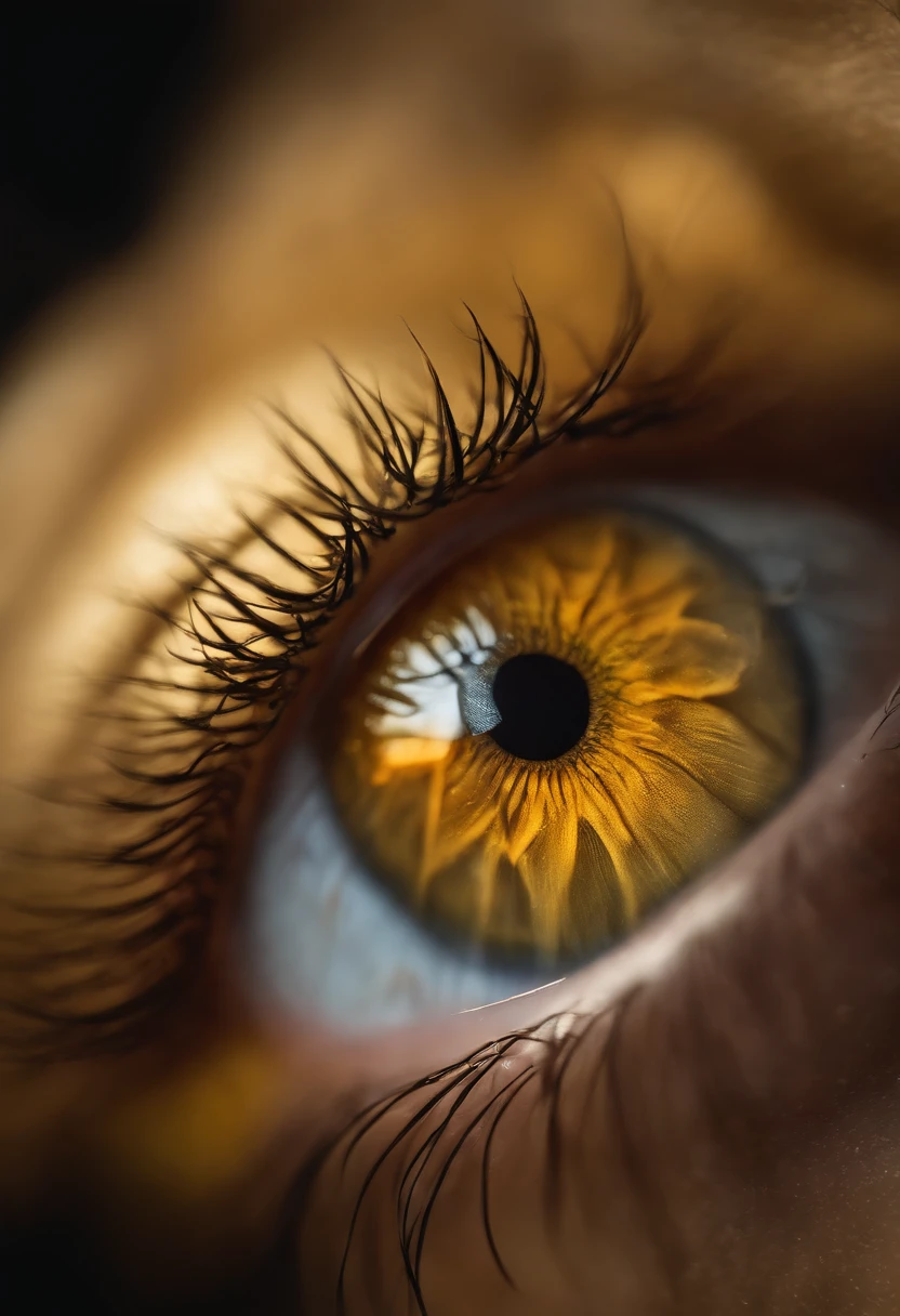 Olho, With the iris looking at something golden, I want the iris shining golden, imagem 8k, realista