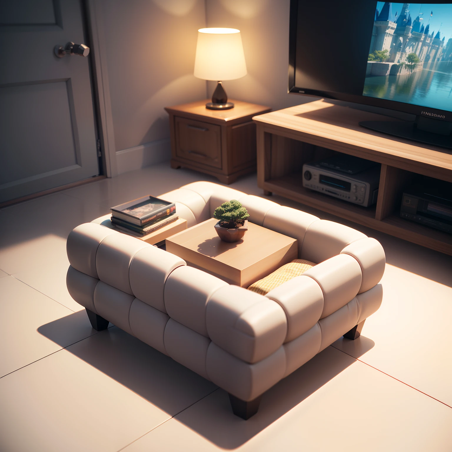 (Isometric perspective:1.5),(Pixar style:1.2), Room, bed, sofa,(small bonsai:0.8),desk lamp, TV, mural, 3D,Disney,Panoramic photo,White background, solid background,Global illumination, raytracing, modeling,HDR,octane render,unreal render,behance,dribbble,artstation,best quality, 8k,