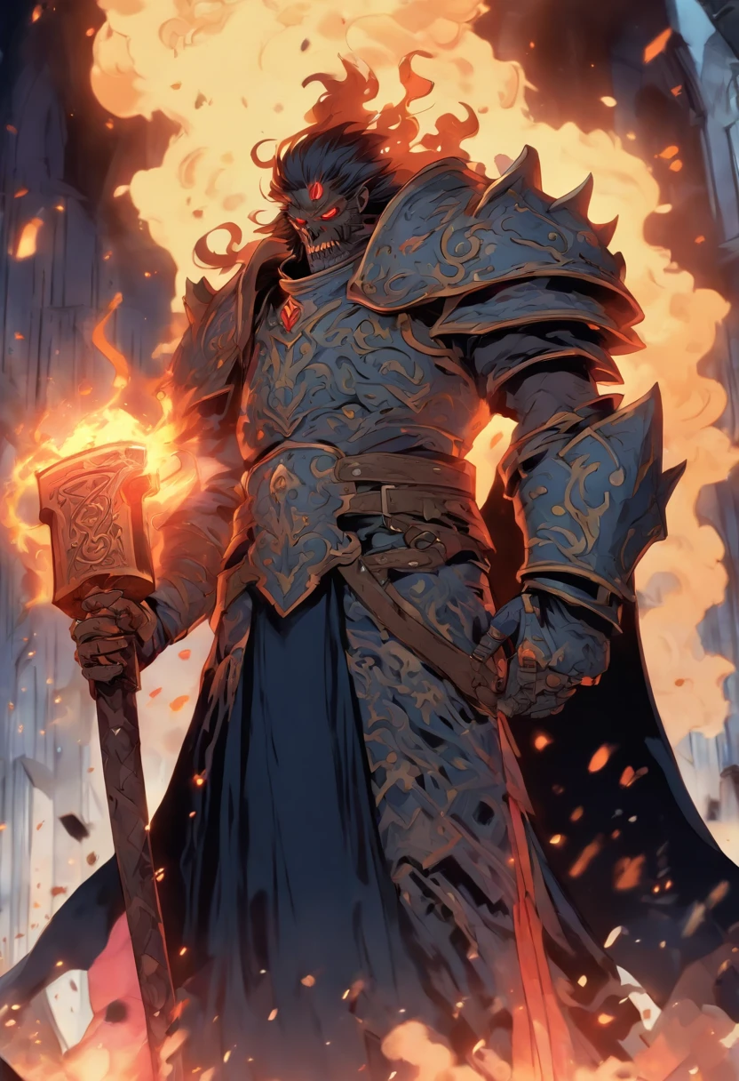 estilo D&D vox machina, Large-sized zombie human paladin breaks oaths with a large two-handed war hammer covered in dark flames. He wears grayish silver armor and is covered by a large black robe that covers his entire body. Porta un anillo en su mano izquierda. estilo de arte vox machina, estilo cartoon