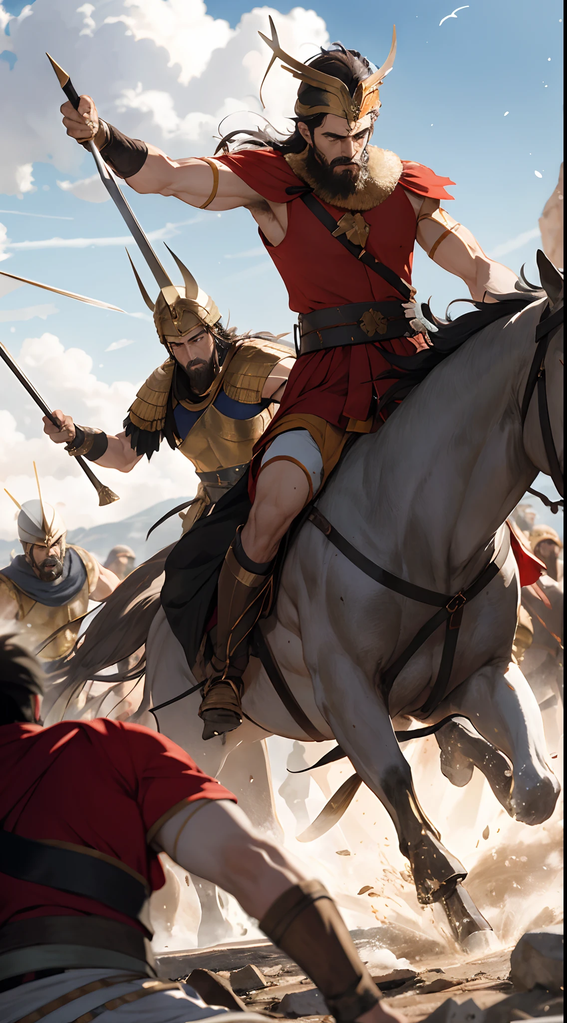 Illustrate the fierce battle at the pass of Thermopylae between Leonidas and Xerxes' forces, with 7,000 Greeks standing against the massive Persian army of 150,000.