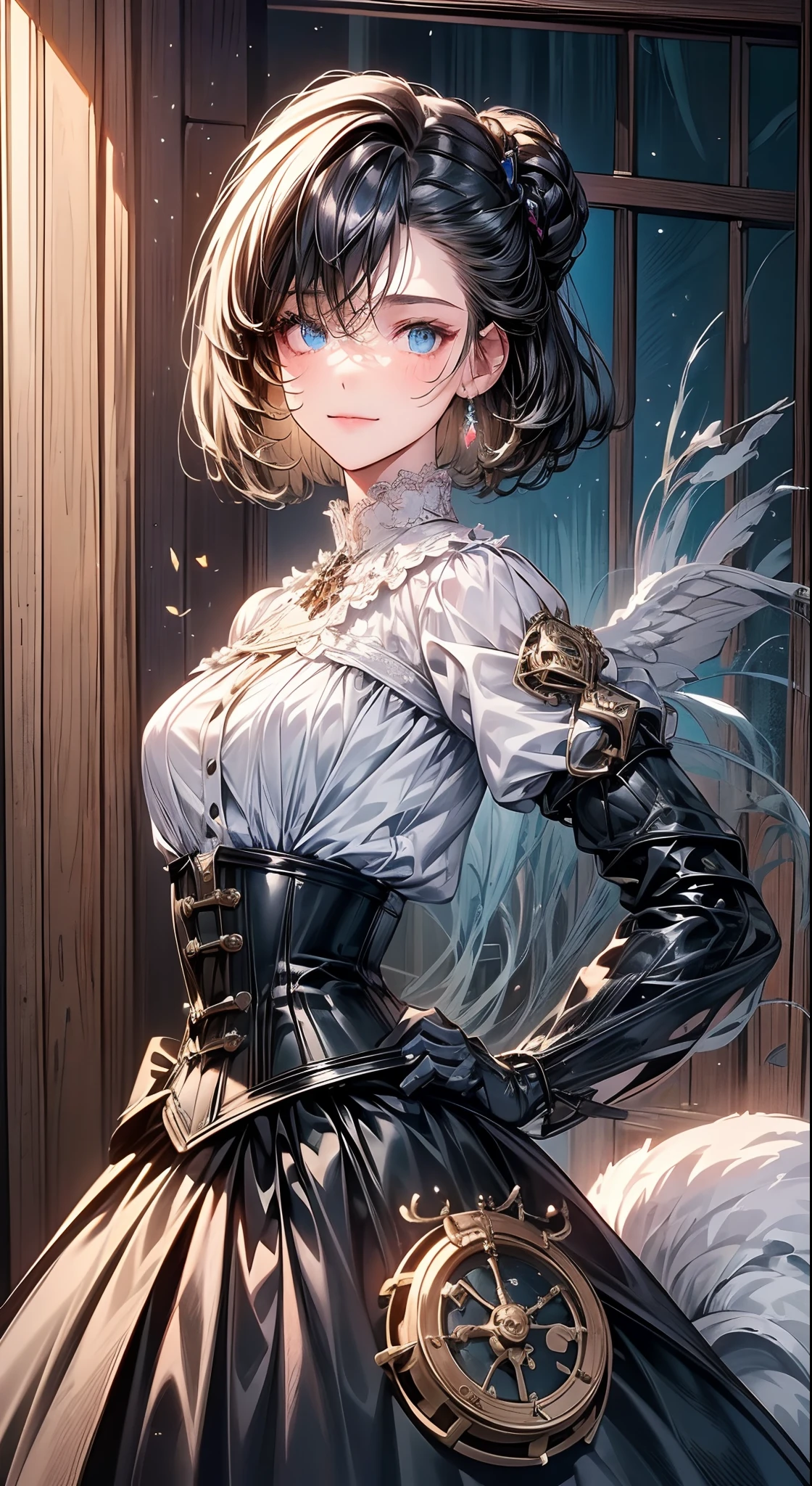 (((masterpiece)))、((top-quality))、(The ultra-detailliert)、(CG Illustration)、(Very Beautiful ))、Cinematic Light、((1 Mechanical Girl))、 scientific fiction、Apocalypse、Erotic grotesque、research institute(Beautiful and indulgent:1.2)、(1girl in:1.3)、Facing the front,Shorthair,Corset Belt,high waist skirt,