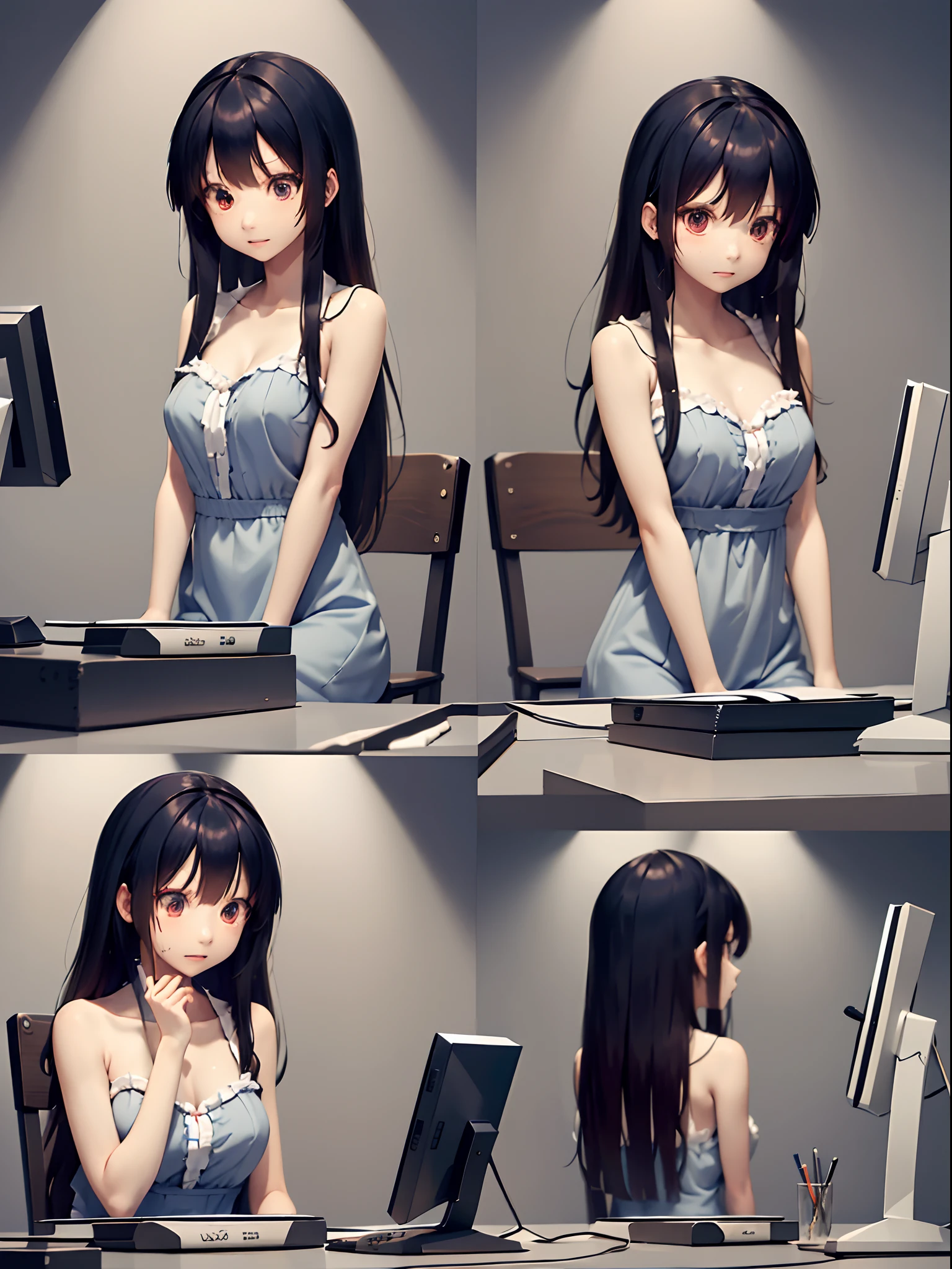 Highly detailed, High quality, masutepiece, Beautiful, 2 frames of a girl sitting confused at a computer, wounded, Wavy Hair, Blue skin, Cracked skin, Extra arms, Dress,