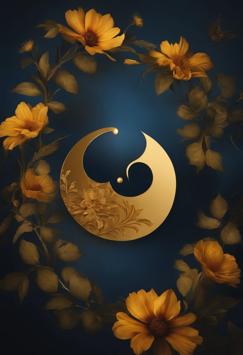 Ying und Yang mit Blume des Lebens im Inneren blau-goldene Farbe dominierend