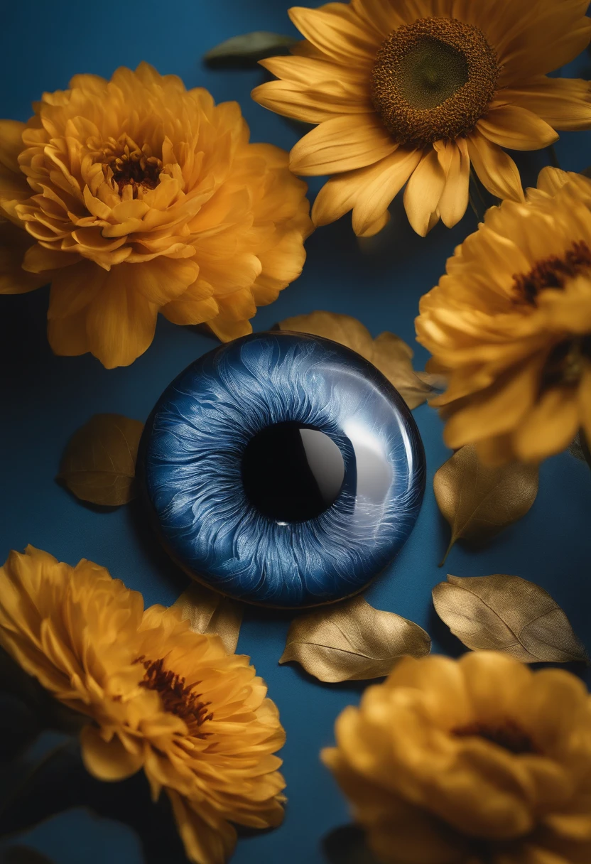 Ying und Yang mit Blume des Lebens im Inneren blau-goldene Farbe dominierend
