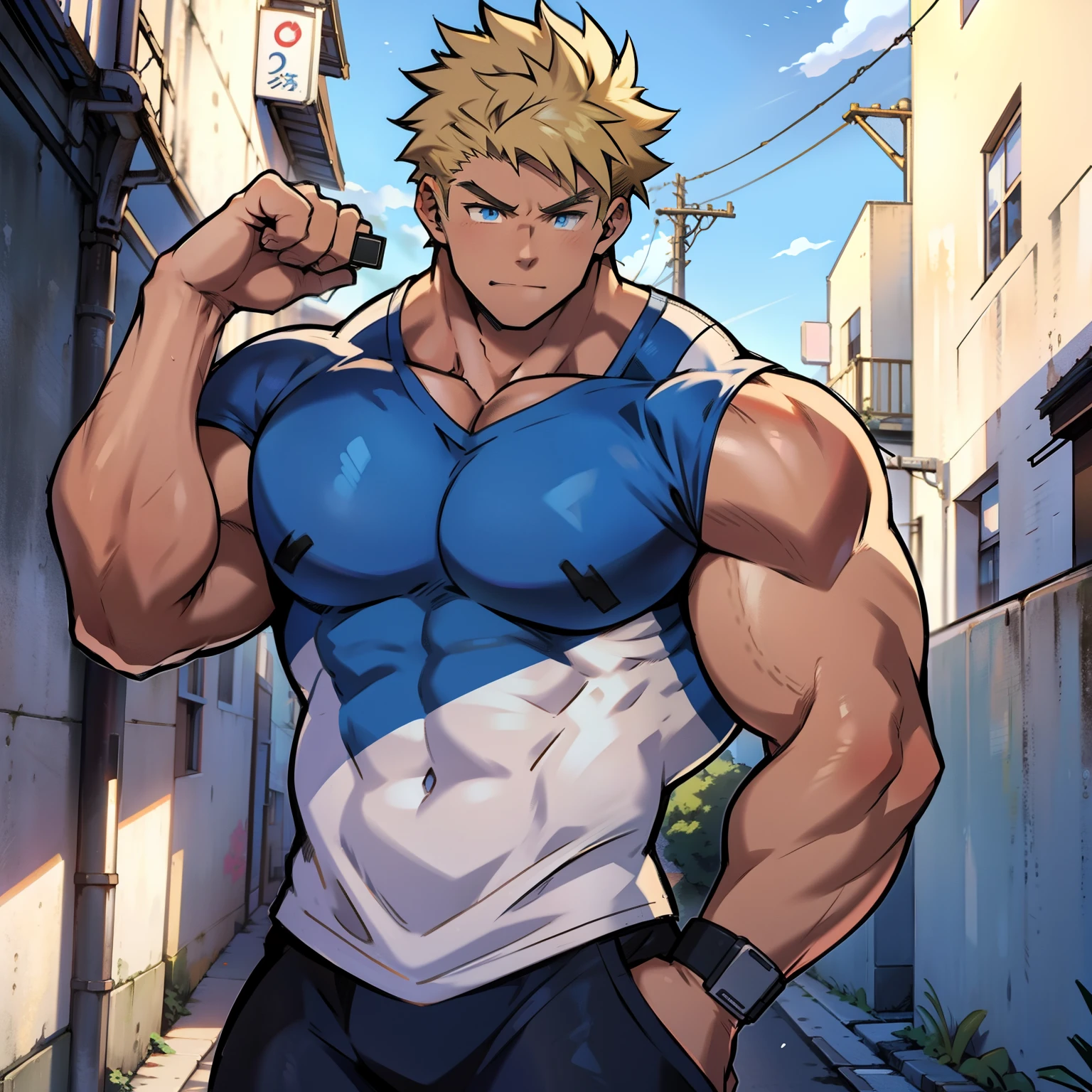 ((Anime style art)), Extremely muscular masculine character, pale skin, blonde hair, sapphire blue eyes, bodybuilder body, wearing a sleeveless V-neck shirt, hands raised at neck level, The character is leaning against a wall. Pockets, Futuristic cityscape, Busy route, Buildings, person
AS & Vehicles. Main character from the anime, Nice image, Hard drive, 4k, Main character leaning against a wall with his hands at face level.