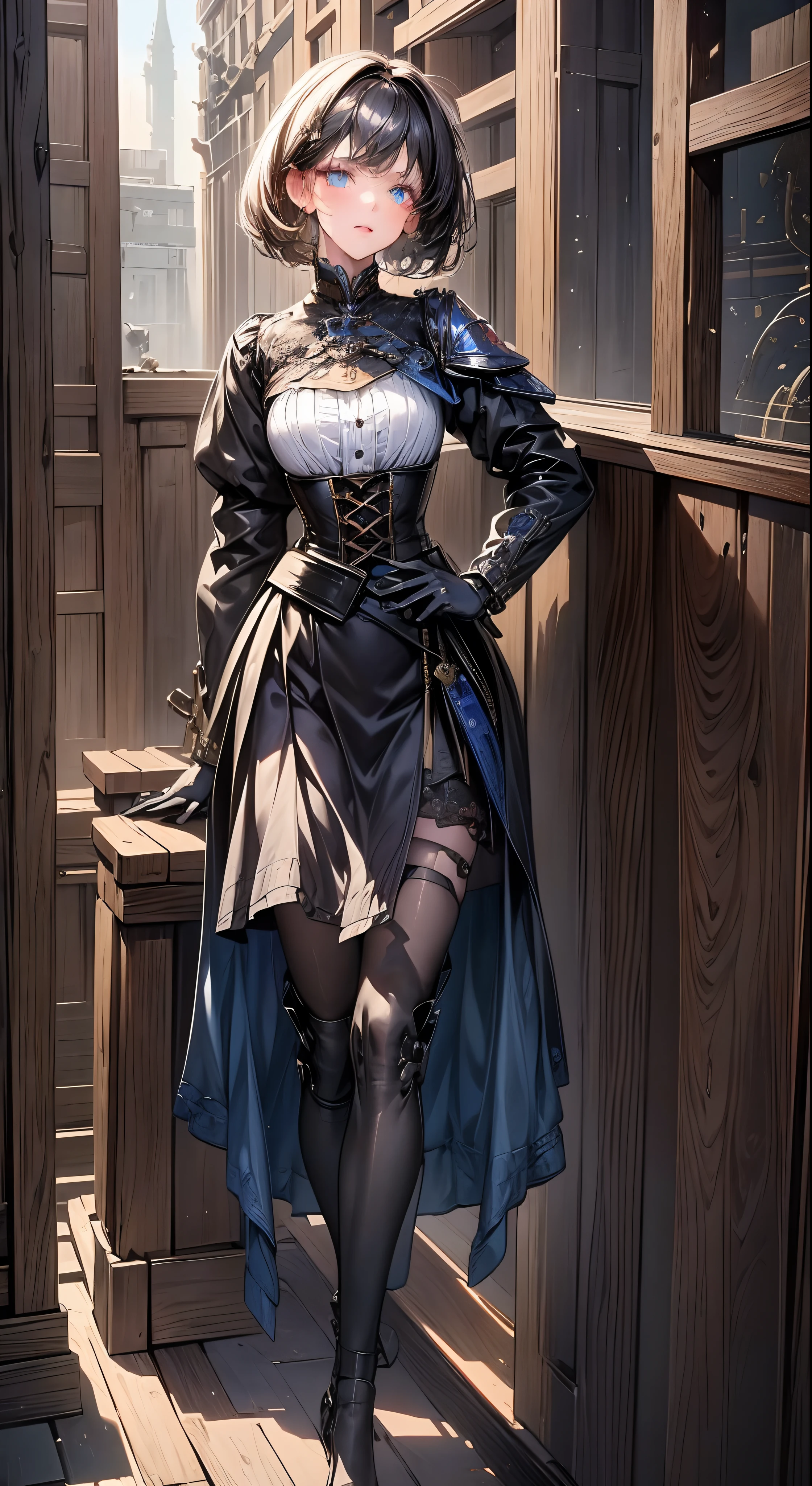 Full body standing straight symmetrical (mature female:1.4) (masterpiece, best quality) (maid, maid headdress, maid apron) indoors, window, best quality, high quality, dark black SKIN. Long messy hair, yellow eyes, full body, def_effie, blue breastplate, looking at viewer, shiny armor, thigh highs, high boots, shoulder armor, faulds, poleyn, red gloves gauntlets
