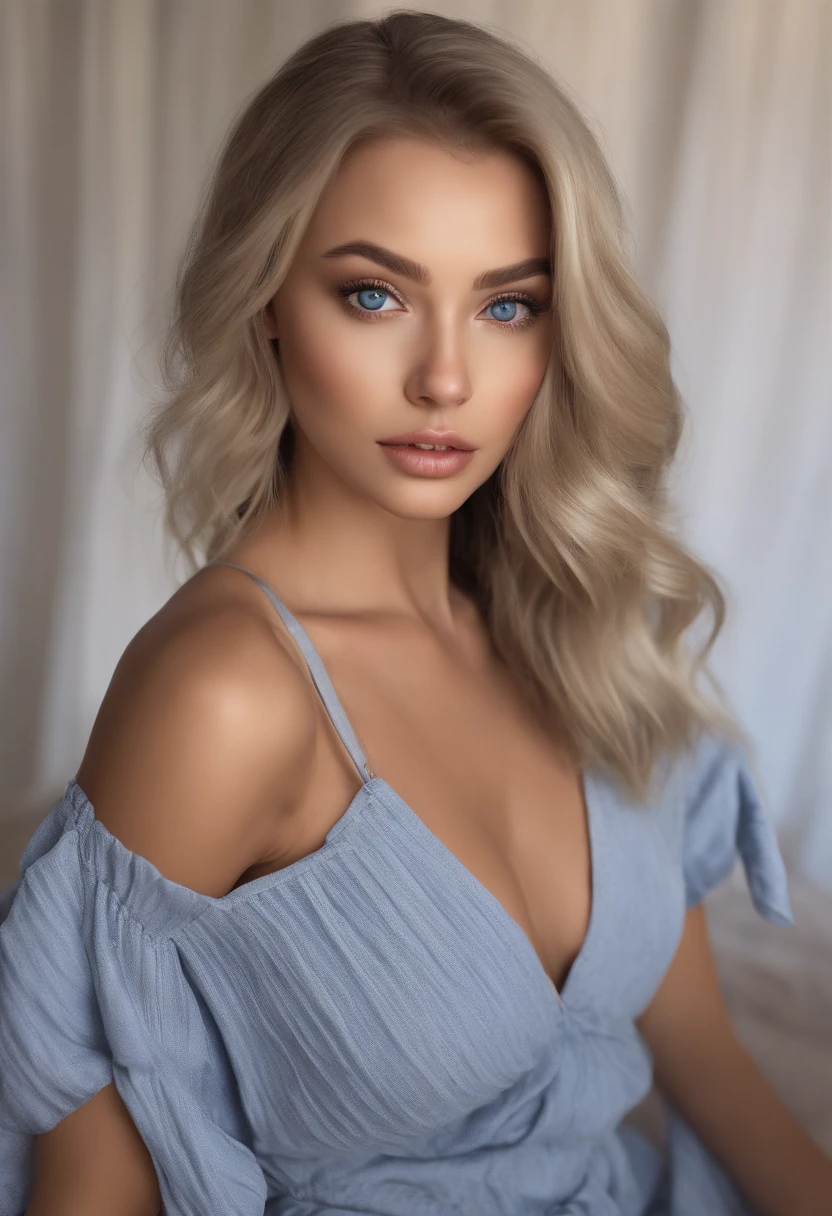 arafed woman fully , sexy girl with blue eyes, ultra realistic, meticulously detailed, portrait sophie mudd, blonde hair and large eyes, selfie of a young woman, bedroom eyes, violet myers, without makeup, natural makeup, looking directly at the camera, face with artgram, subtle makeup, stunning full body shot kneeling on bed, in bedroom, medium to large size bust