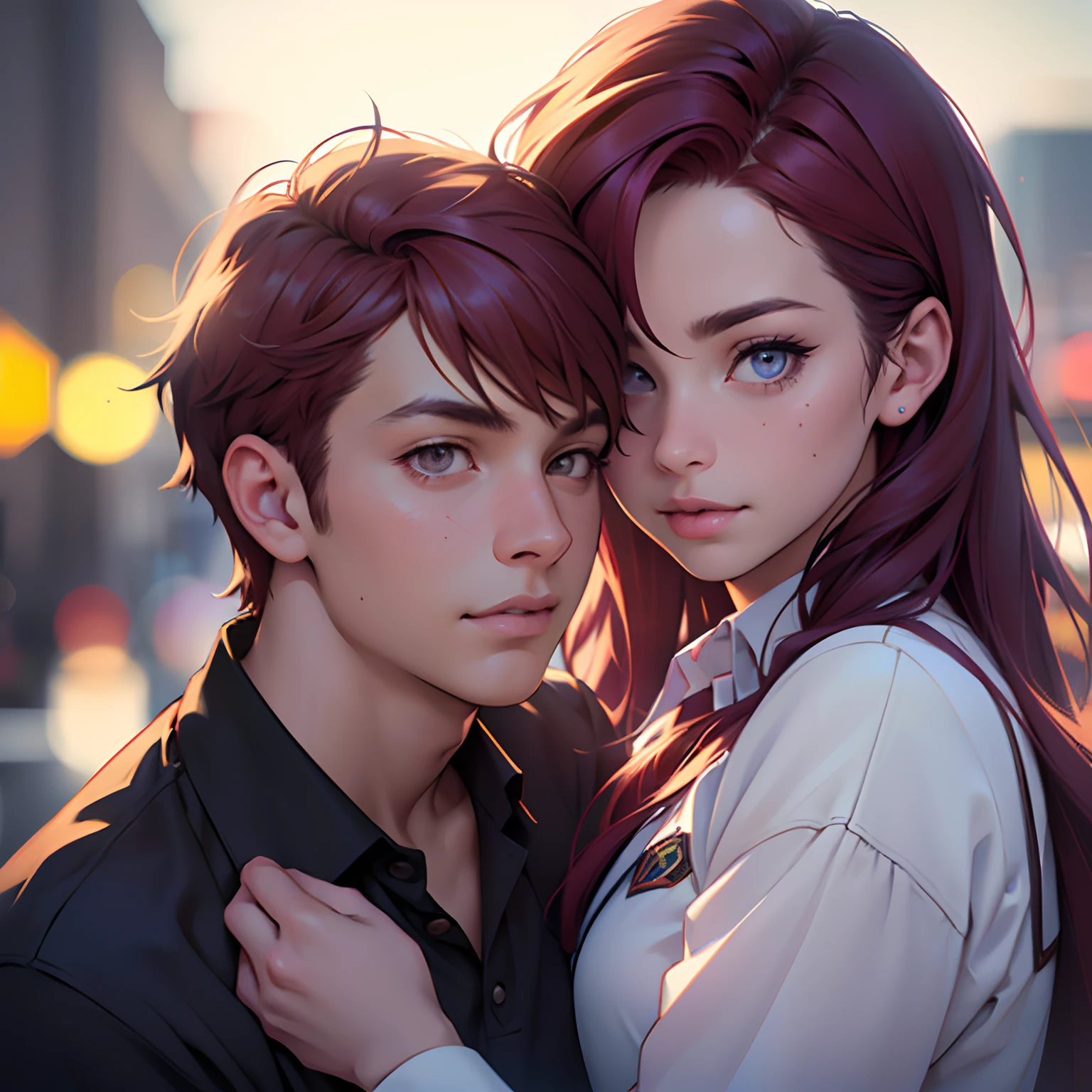 A girl and a boy are standing together, the girl is touching the boy's face. The girl has long, violet hair, and the boy has short, red hair. They are both wearing school uniforms.
(material:illustration),(best quality,4k,8k,highres,masterpiece:1.2),ultra-detailed,(realistic,photorealistic,photo-realistic:1.37)
(style:portrait),(vivid colors),(soft color tones)
(light:soft lighting),(bokeh).