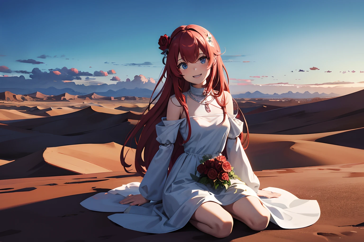 anime girl sitting in white stone desert, desert, wasteland, laughing, long red dress, red rose hair ornament, blue sky