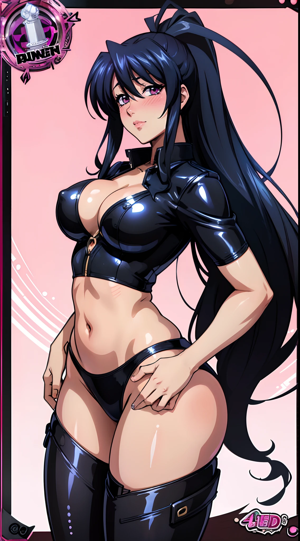 (best quality:1.3), (4k quality), Akeno himejima by high school dxd, ((Detailed face)), ((curvy body)),((blush)), pants leather