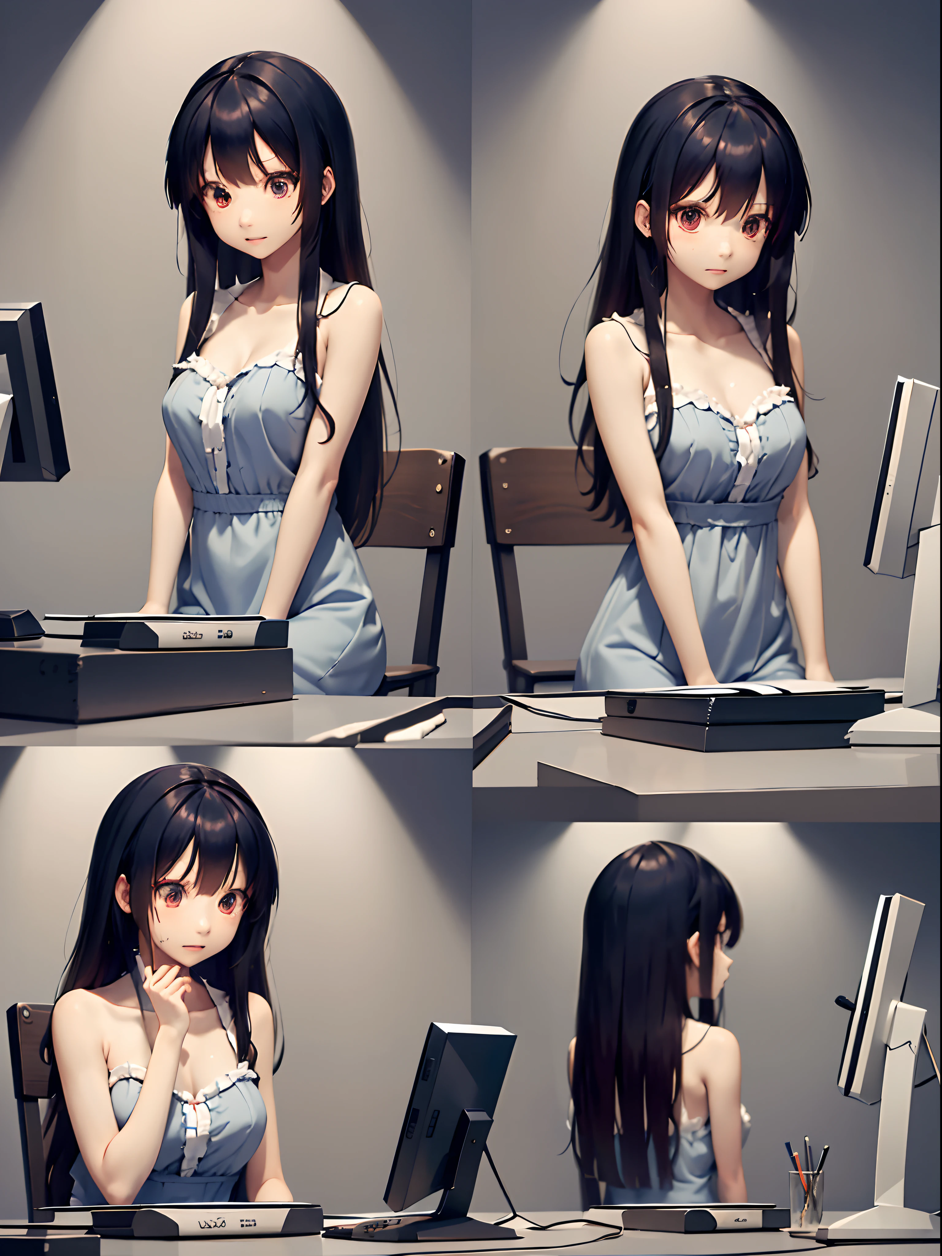 Highly detailed, High quality, masutepiece, Beautiful, 2 frames of a girl sitting confused at a computer, wounded, Wavy Hair, Blue skin, Cracked skin, Extra arms, Dress,