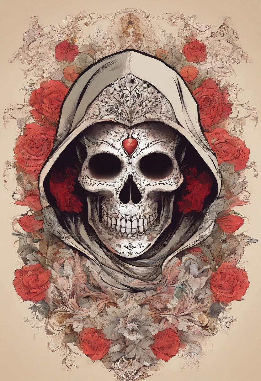 day of the dead , hooded skull with red silk cloak with a flower on its head,fantasy skull, scary detailed art in color, scary color art in 4 k, sacred skull, conjuring psychedelic background, detailed digital artwork, calavera, sacred skulls, psychedelic illustration,  skull face, death skull, scary art in color, skull liminal void background, psychedelic art style