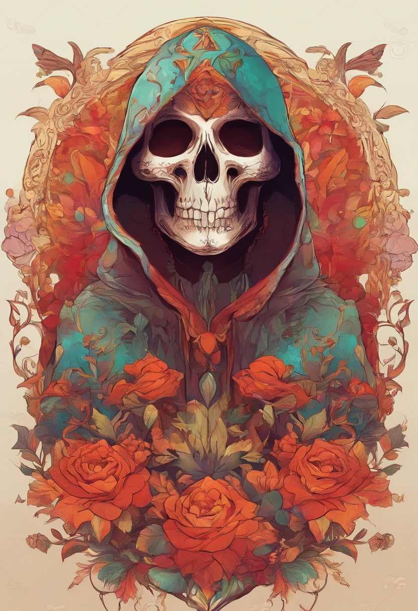 day of the dead , hooded skull with red silk cloak with a flower on its head,fantasy skull, scary detailed art in color, scary color art in 4 k, sacred skull, conjuring psychedelic background, detailed digital artwork, calavera, sacred skulls, psychedelic illustration,  skull face, death skull, scary art in color, skull liminal void background, psychedelic art style