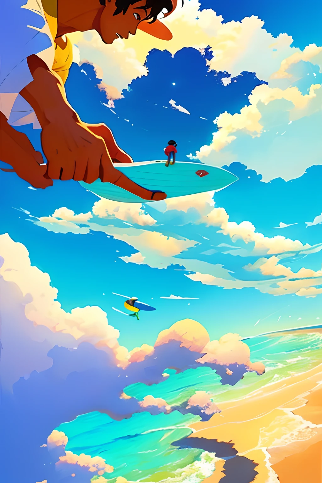 Surfistas no oceano com suas pranchas sob as nuvens, arte conceitual | RHADS, Rob Rey e Kentaro Miura Estilo, inspirado no RHADS, Makoto Shinkai Cirilo Rolando, cosmic skies. por makoto shinkai, Tran Ross. scenic background, mar azul. por makoto shinkai, Cyril Rolando e Goro Fujita, no formato de uma raquete de beach tenisRHADS!