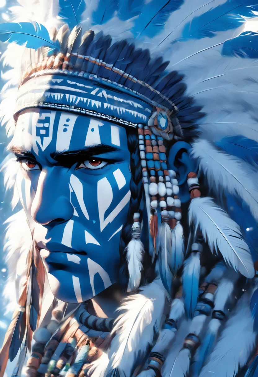 (((Indigenous man feathered blue and white))) best quality, Very high resolution, CG detalhado em 4K, master part, Amazon Brazil, Indigenous, Indigenous tribes, Indigenous City, Floresta, esthetic, Beautiful image, centrado na tela, corpo inteiro