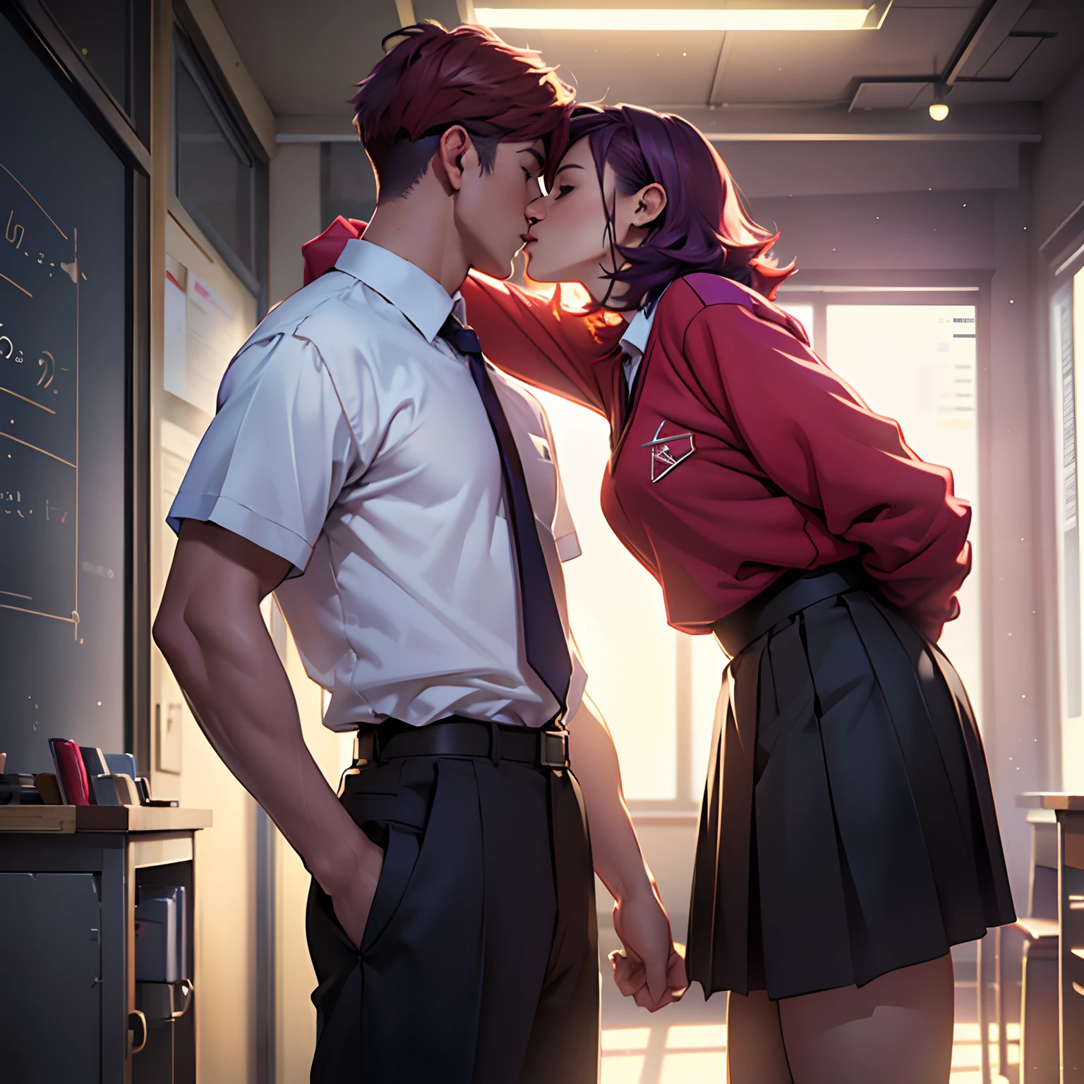Girl and boy standing together, Girl touching boy's face. Girl Long, purple hair, And a boyish short, red hair. They are both dressed in school uniforms. they kiss standing up in the classroom. GUY SHORT RED HAIR. ((The guy has short red hair))
(material:illustartion),(Best Quality,hight resolution,Masterpiece:1.2),Ultra-detailed,(Realistic,Photorealistic,photo-realistic:1.37)
(style of:in full height),(Vivid colors),(Soft color tones)
(Light:soft-lighting),(bokeh).