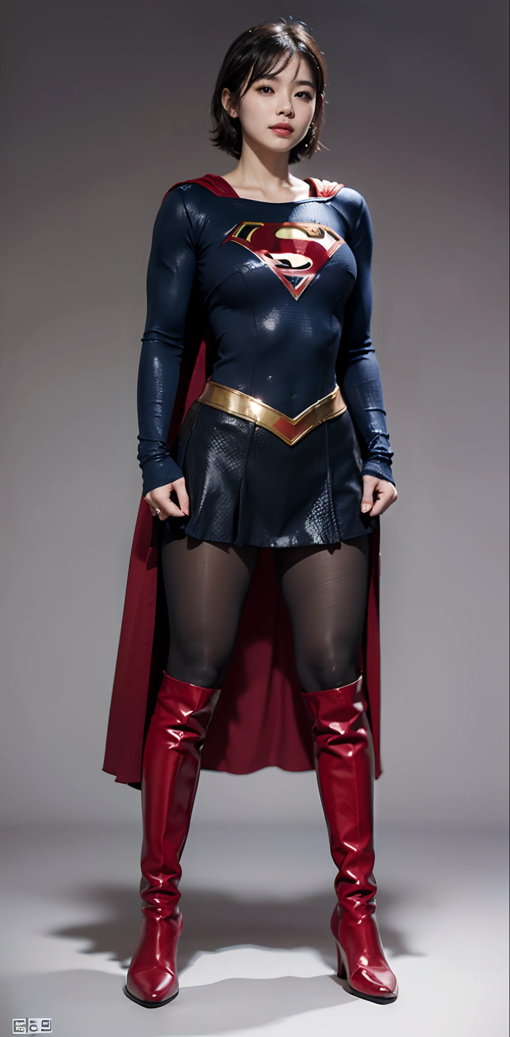 (((Wear black tights on your beautiful legs.)))、(((Grow legs、tall、beauty legs)))、(((facial expression of smile)))、((((Make the most of the original image)))、(((Supergirl Costume)))、(((shiny short hair)))、(((Suffering)))、(((Feet must necessarily be worn with black tights)))、(((You need to wear red boots)))、((Top image quality、8K))、((top-quality、8K、masterpiece:1.3))、(((Keep your background simple)))、Crisp focus:1.2、Beautiful woman with perfect body shape:1.4、Slender Abs:1.2、a wet body:1.5、Highly detailed facial and skin texture、