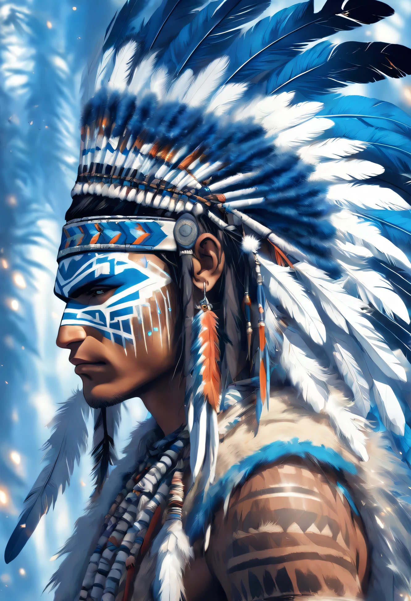 (((Indigenous man feathered blue and white))) best quality, Very high resolution, CG detalhado em 4K, master part, Amazon Brazil, Indigenous, Indigenous tribes, Indigenous City, Floresta, esthetic, Beautiful image, centrado na tela, corpo inteiro