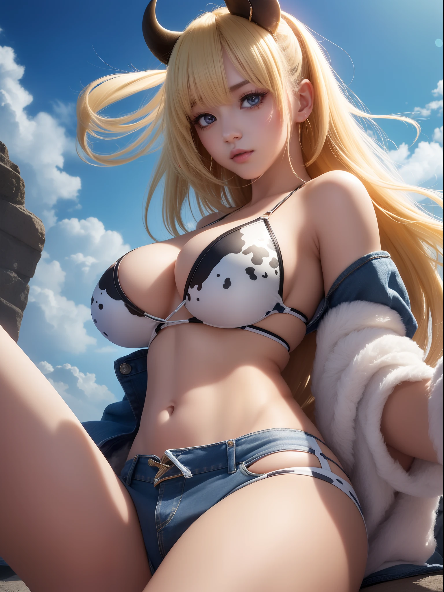 ((Finest quality)),(超A high resolution),(ultra-detailliert),((Best Anime)),sharpnes,Vivid:1.1,The art of astounding depiction,Dazzling sun, (1womanl),(a blond,Disheveled short bob),(Cow print bikini:1.7,denim short pants),huge tit:1.9,sullen look