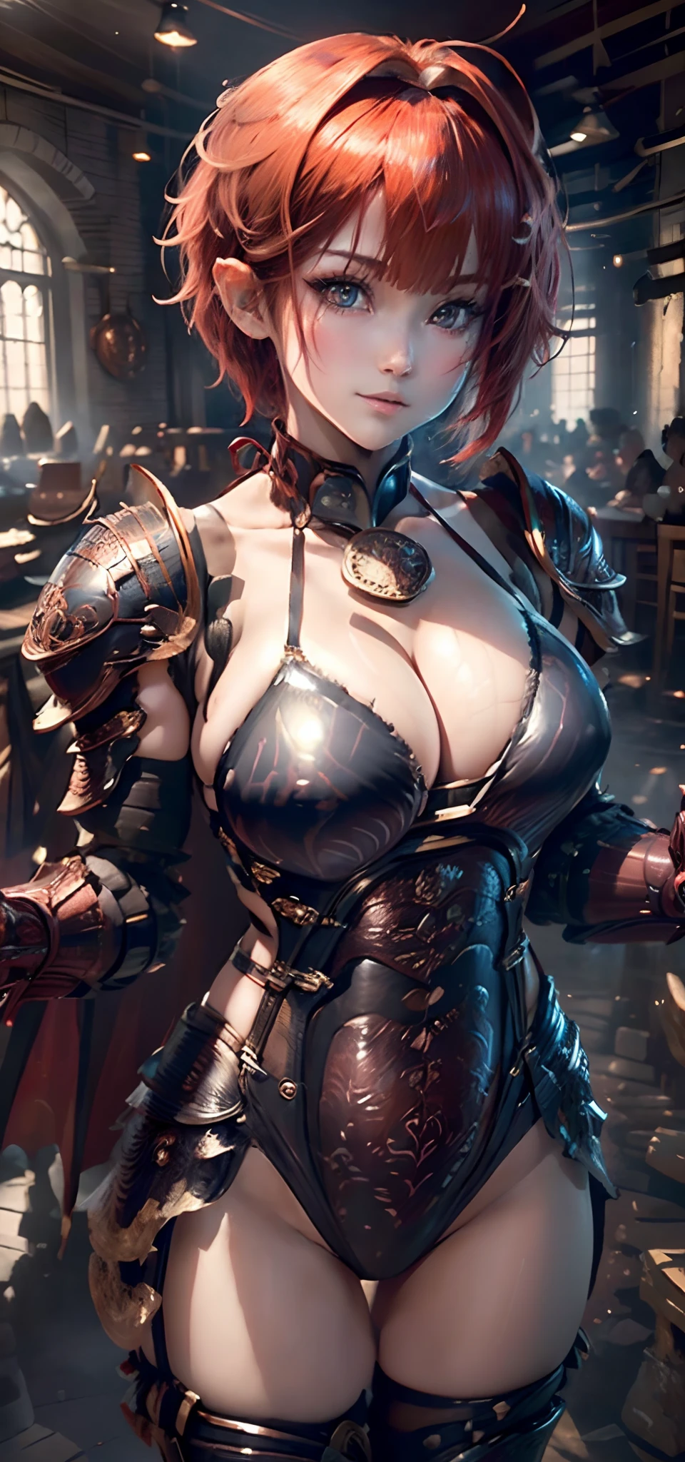 (( (tmasterpiece),(Very detailed CG Unity 8K wallpaper),best qualtiy,cinmatic lighting,细致背景,beatiful detailed eyes,Bright pupils,(Very fine and beautiful),(Beautiful and detailed eyes description),ultra - detailed,tmasterpiece,hight resolution)), Curly, ((Dressed in insanely sexy bikini armor:1.4)), Rose gold armor, Richly decorated armor, a beautiful woman warrior, (Shorthair:1.3), red hairs, cleavage of the breast