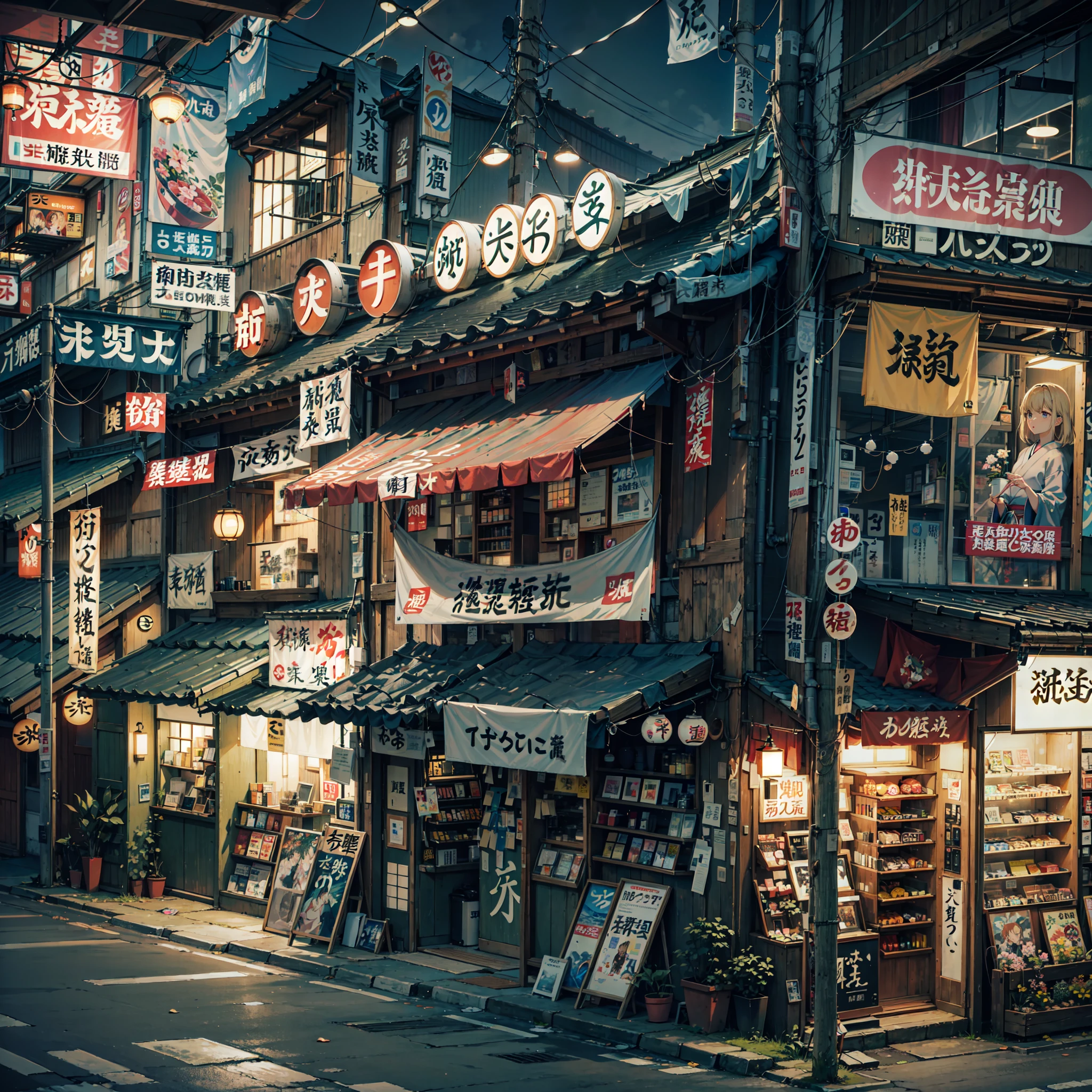 anime background, anime wallpaper, best quality, anime, anime style, anime vibe, anime scene, retro tokyo shop, 80s style japanese retro shop, shop on the side of a road where the road is overlooking the city, japan, nighttime, night time, night, dark, scene lit up from the shop, big retro japanese shop signs, japanese shop banners, japanese billboards, japanese shop signs, japanese signs, japanese banners, banners, plant pots, trash cans, air vents, gutters, telephone wires, wires, cables, air ventilation systems, (no one: 1), no one in sight, empty scene