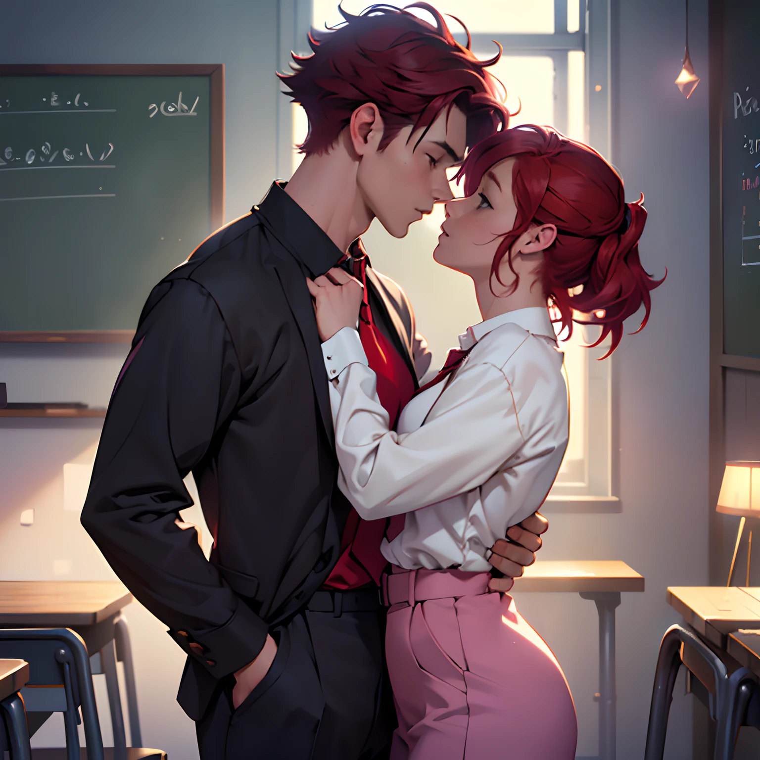 Girl and boy standing together, Girl touching boy's face. Girl Long, purple hair, And a boyish short, red hair. They are both dressed in school uniforms. they kiss standing up in the classroom. GUY WITH SHORT RED HAIR. ((The guy has short red hair)) the kiss. Guy is shy

(material:illustartion),(Best Quality,hight resolution,Masterpiece:1.2),Ultra-detailed,(Realistic,Photorealistic,photo-realistic:1.37) 

(style of:in full height),(Vivid colors),(Soft color tones) 

(Light:soft-lighting),(bokeh).