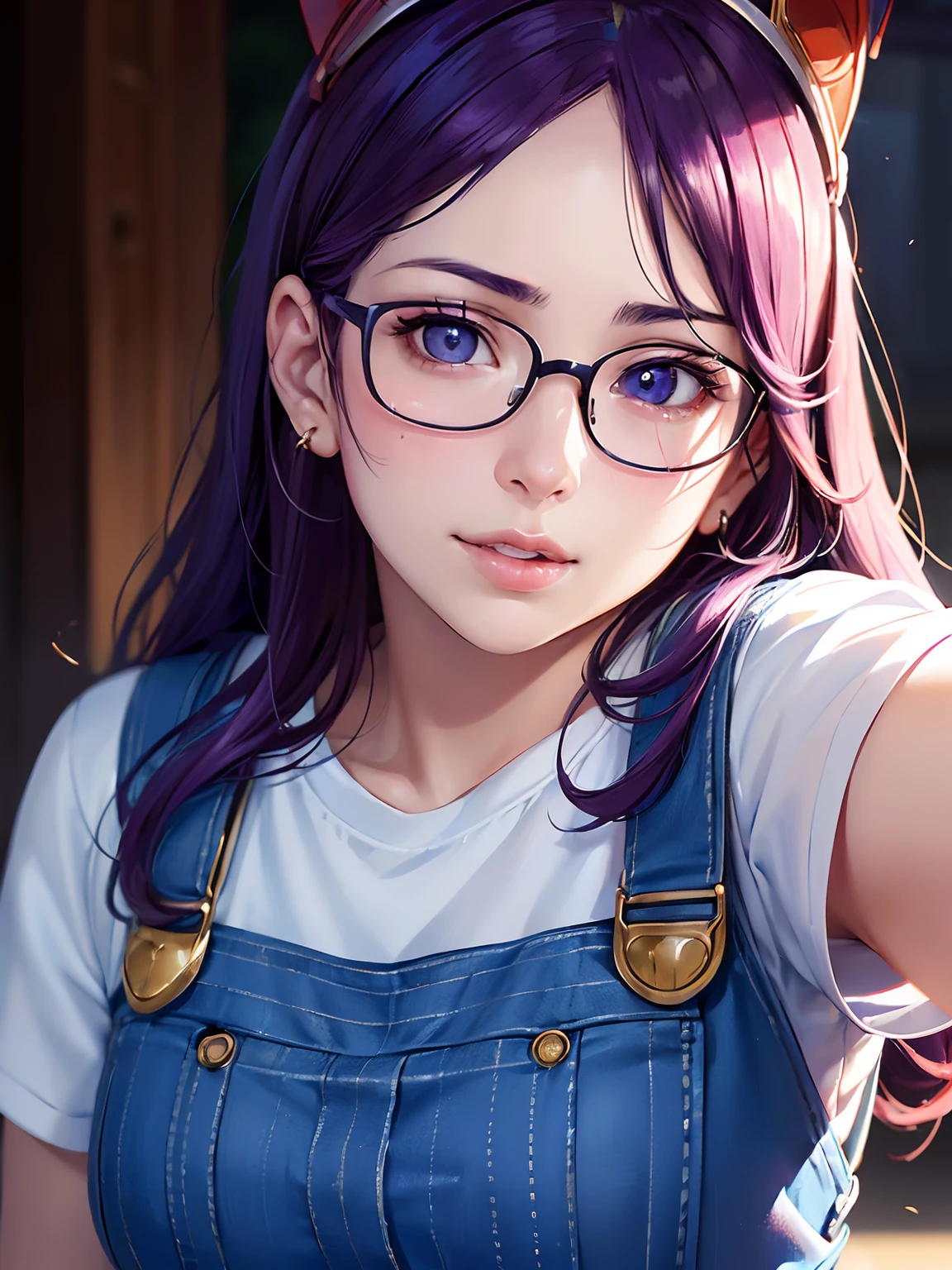 (masutepiece, Best Quality:1.4), (close up:1.5) (Face Focus:1.5), 1girl in, Solo, (European youth:1), Arale, Glasses, Blue eyes, Long hair, Purple hair, Short sleeves, Wing Hat, (Wing Cap), Red Shirt, Blue overalls, Looking at Viewer, beautiful smiling face, Beautiful face, Highly detailed face, Highly detailed eyes, highly detailedskin, Skin pores, Subsurface scattering, Realistic pupils, Full face blush, Full lips, Detailed background, depth of fields, Volumetric lighting, Sharp Focus, absurderes, Realistic proportions, Good anatomy, (Realistic, hyper realisitic:1.4), 16K HDR,