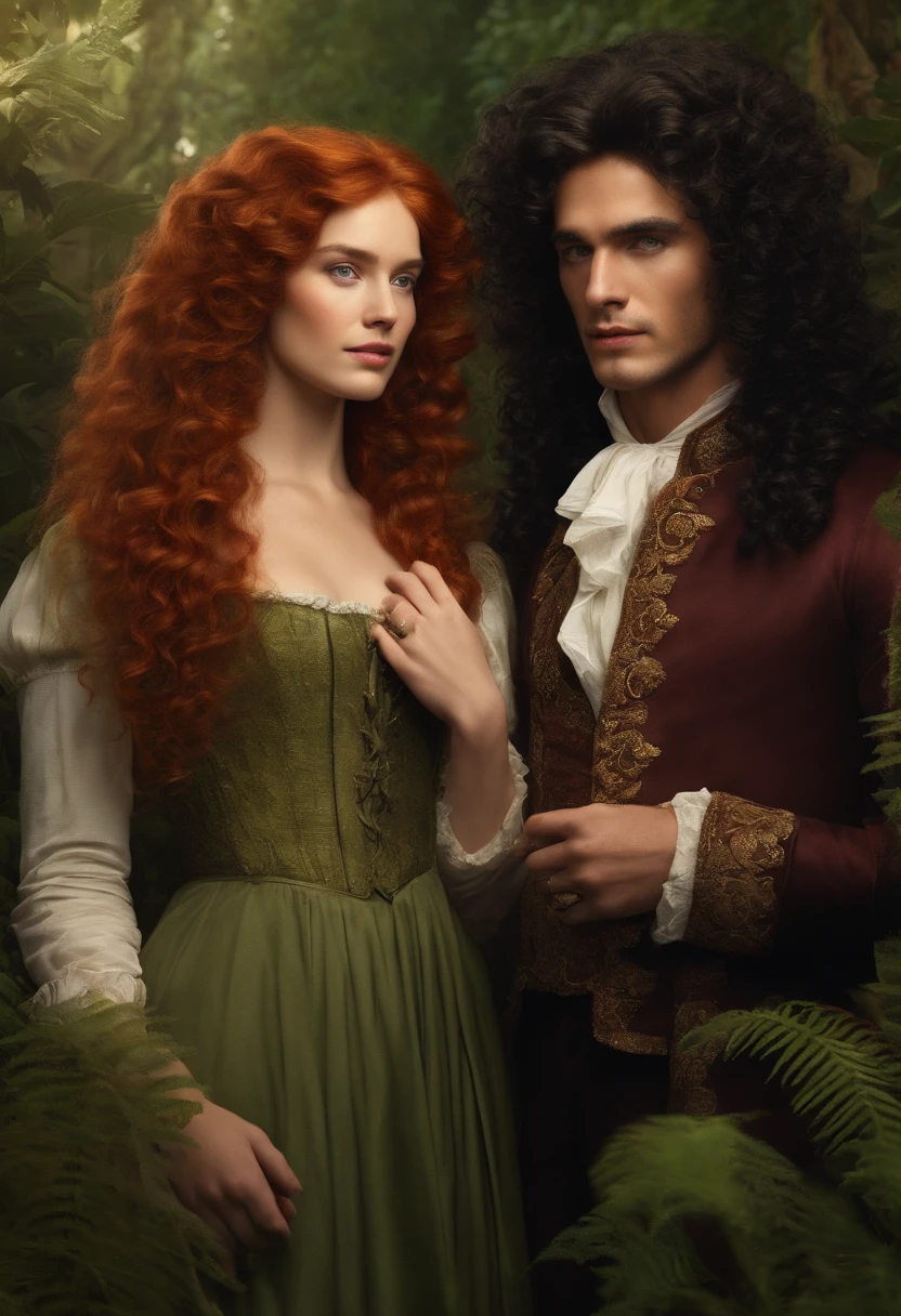 in the 18th century a 25 year old man with long black curly hair and a redheaded woman with long curly hair, both have happy looks working with alchemy to solve the fungus problem on plantations