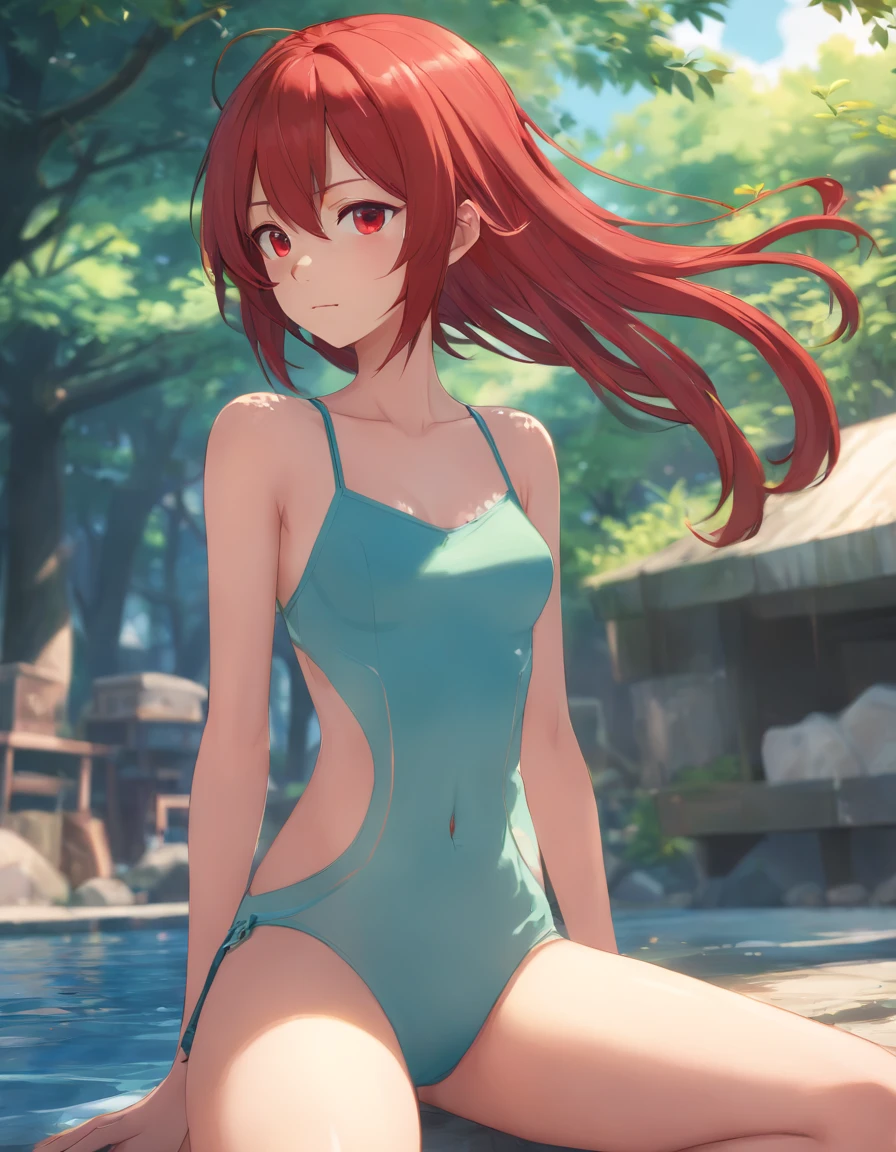 slender girl on her back looking over her shoulders, long red hair, fair skin, full body, thin thighs, small breasts, slender buttocks, detailed and defined eyes with eyeliner, bikini, thic, 3d render character art, 8k, 3d character art, realistic character concept, unreal 3d engine, detailed